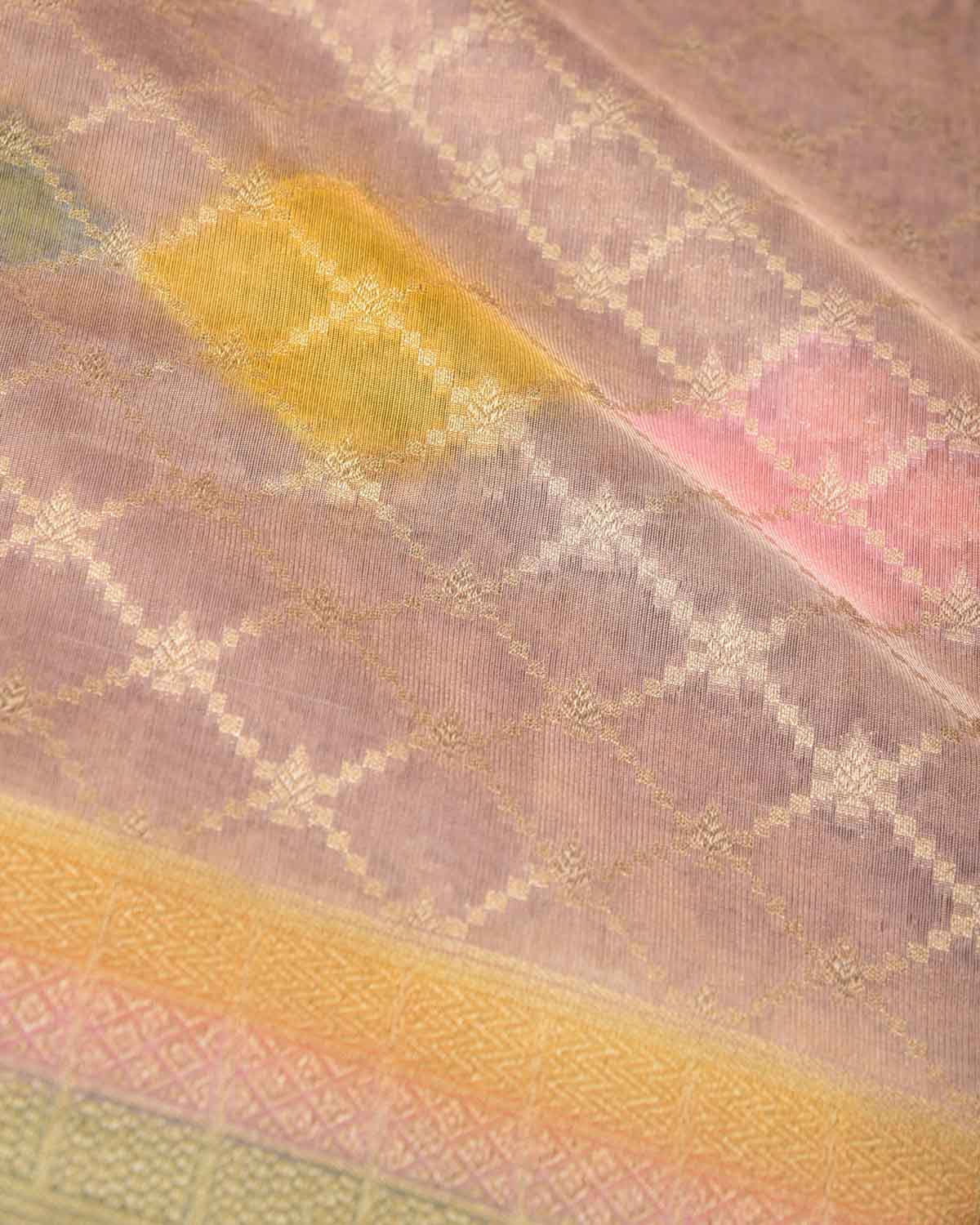 Mauve Multi-color Hand Brush Dye Gold Zari Cutwork Brocade Woven Cotton Tissue Banarasi Saree-HolyWeaves