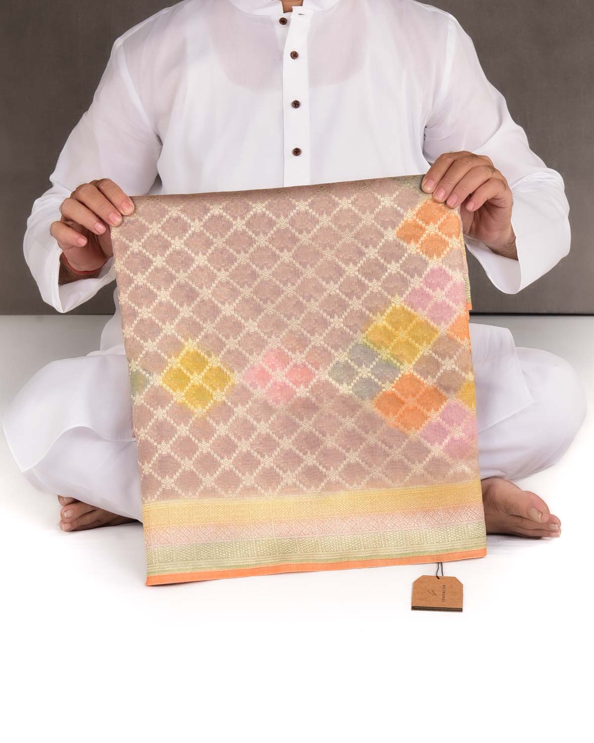 Mauve Multi-color Hand Brush Dye Gold Zari Cutwork Brocade Woven Cotton Tissue Banarasi Saree-HolyWeaves