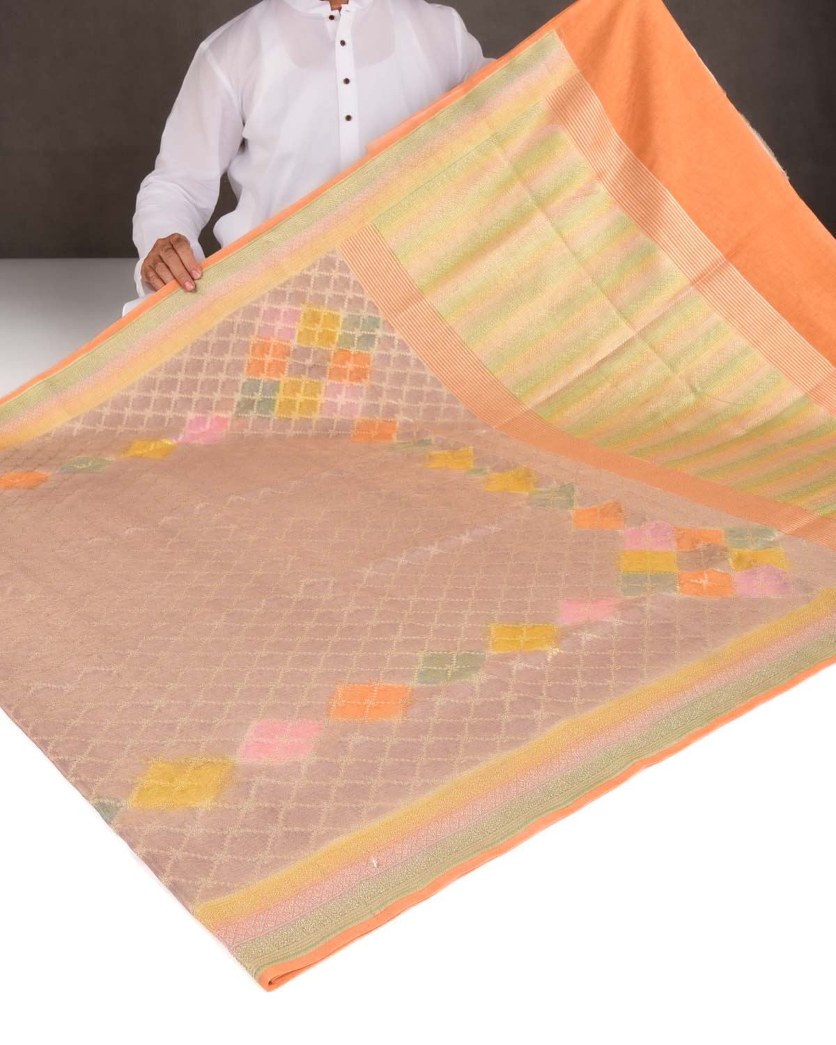 Mauve Multi-color Hand Brush Dye Gold Zari Cutwork Brocade Woven Cotton Tissue Banarasi Saree-HolyWeaves