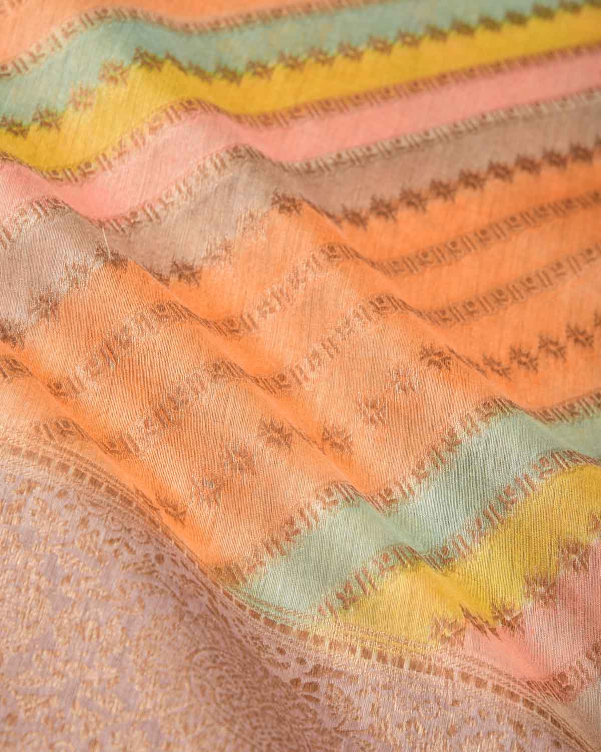 Orange Multi-color Hand Brush Dye Antique Zari Cutwork Brocade Woven Muga Silk Banarasi Saree