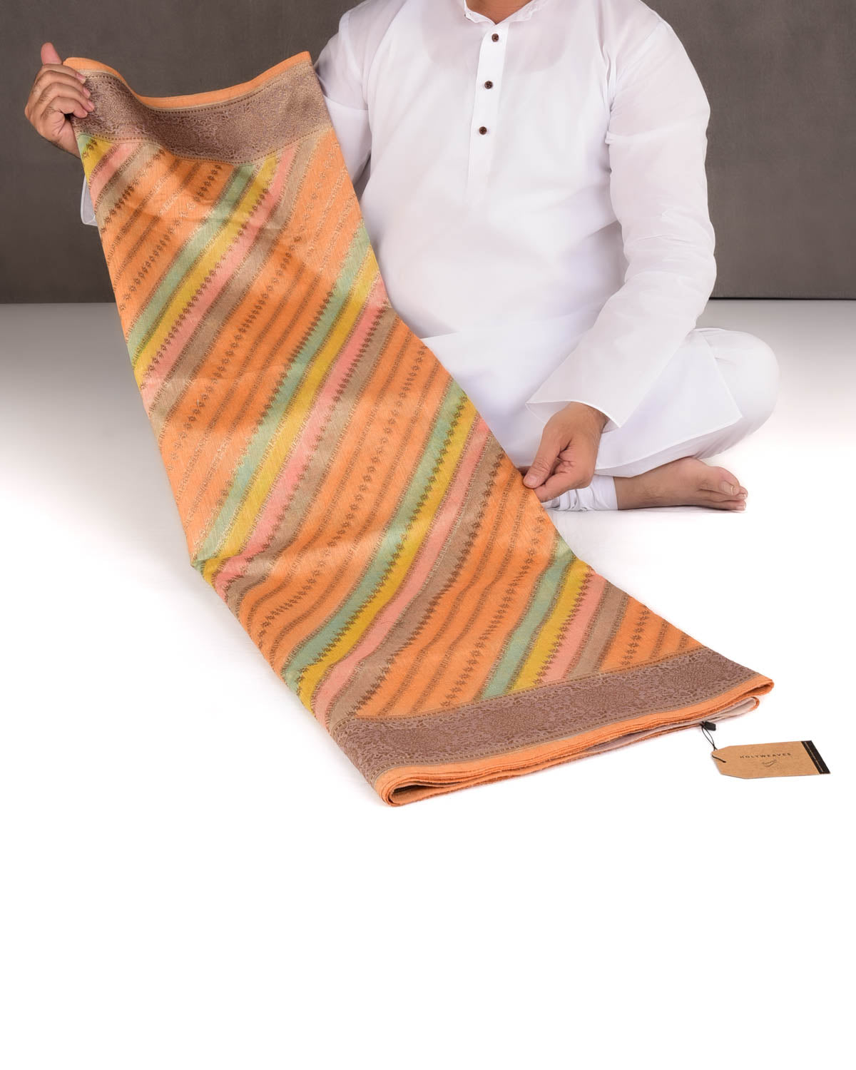 Orange Multi-color Hand Brush Dye Antique Zari Cutwork Brocade Woven Muga Silk Banarasi Saree