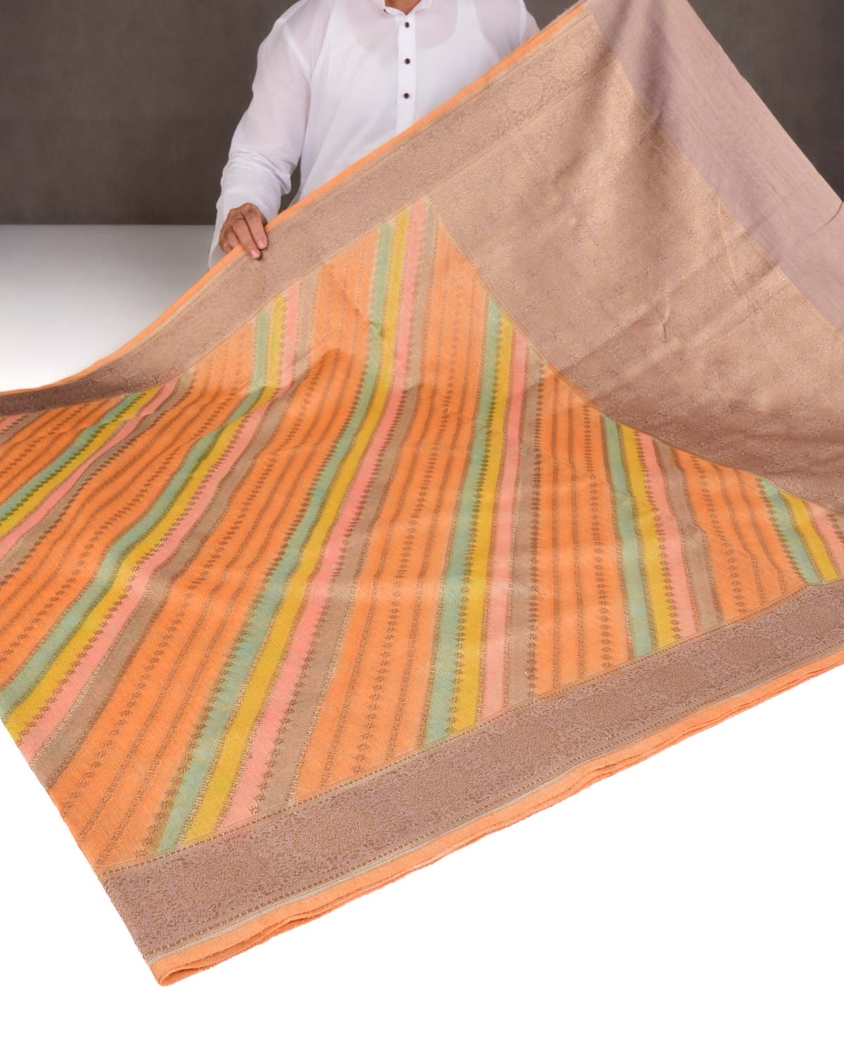 Orange Multi-color Hand Brush Dye Antique Zari Cutwork Brocade Woven Muga Silk Banarasi Saree