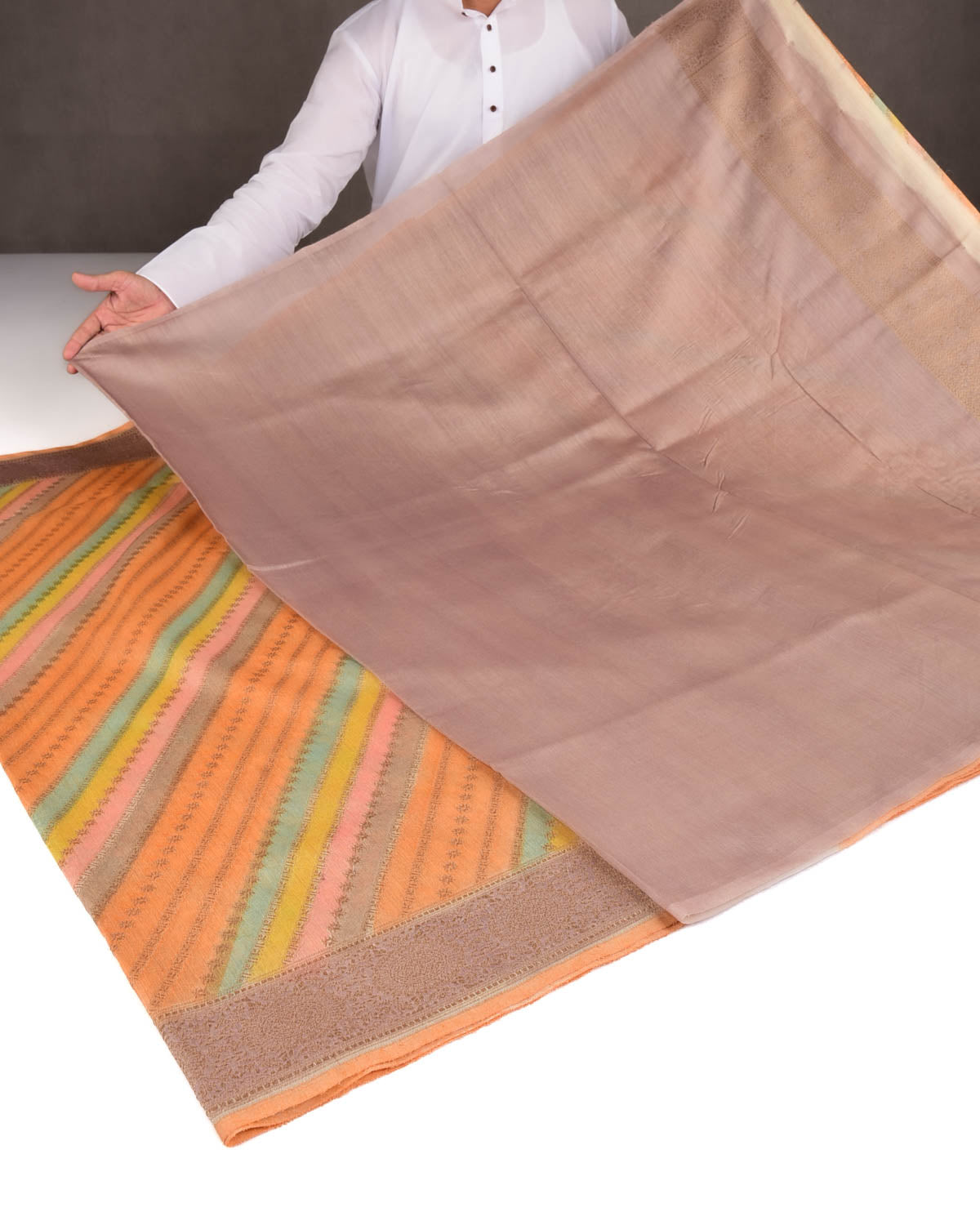 Orange Multi-color Hand Brush Dye Antique Zari Cutwork Brocade Woven Muga Silk Banarasi Saree