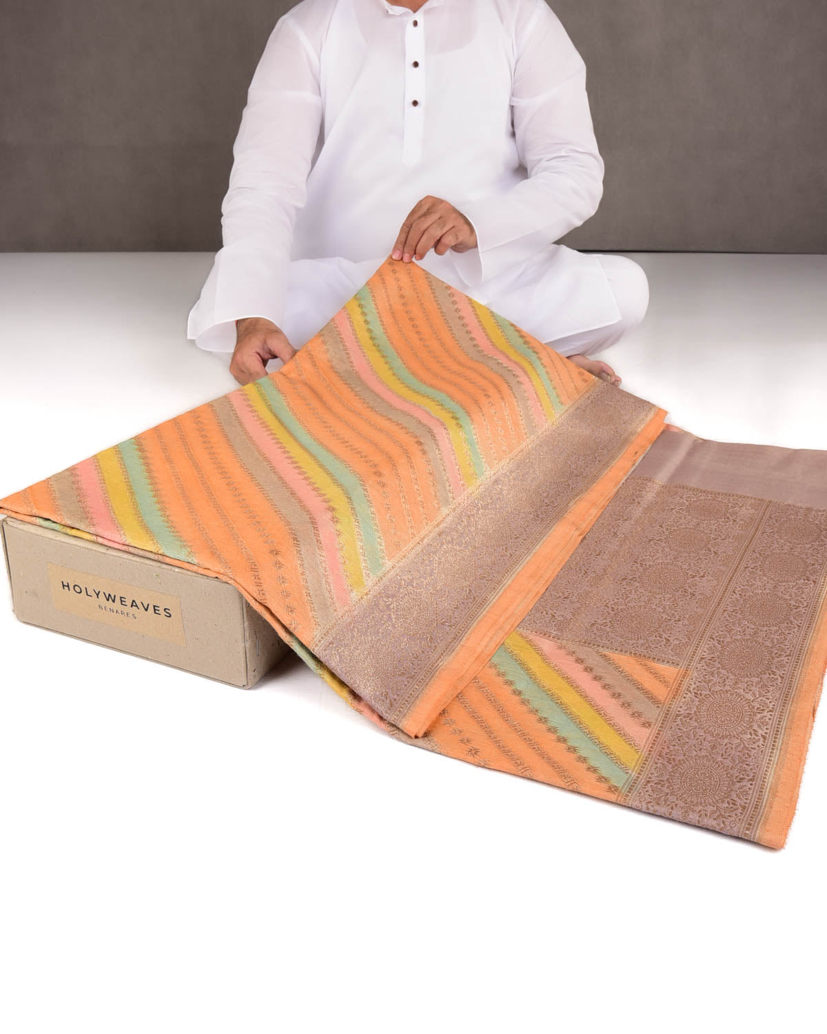 Orange Multi-color Hand Brush Dye Antique Zari Cutwork Brocade Woven Muga Silk Banarasi Saree