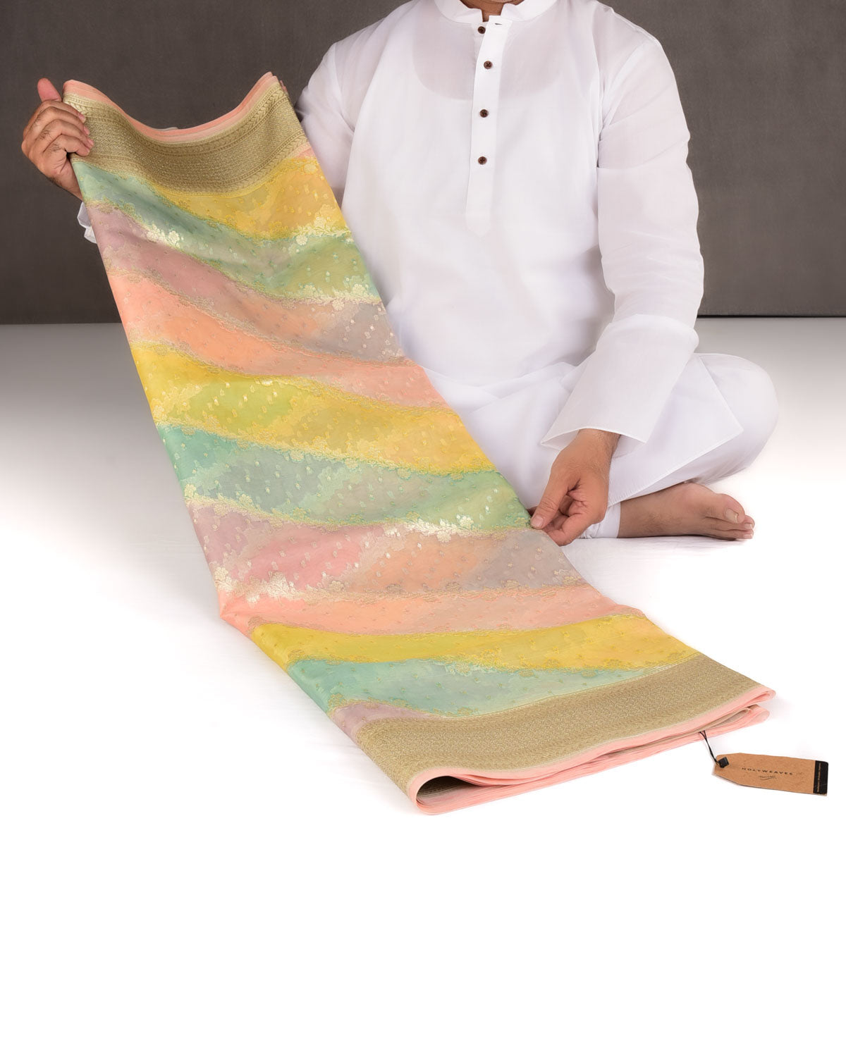 Multi-color Hand Brush Dye Gold Zari Diagonal Floral Cutwork Brocade Woven Kora Silk Banarasi Saree-HolyWeaves