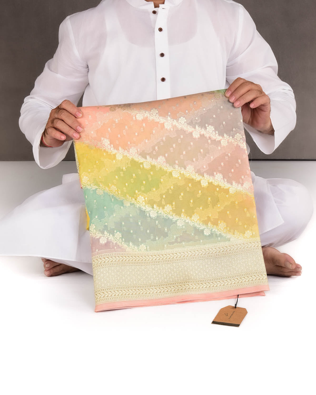 Multi-color Hand Brush Dye Gold Zari Diagonal Floral Cutwork Brocade Woven Kora Silk Banarasi Saree-HolyWeaves