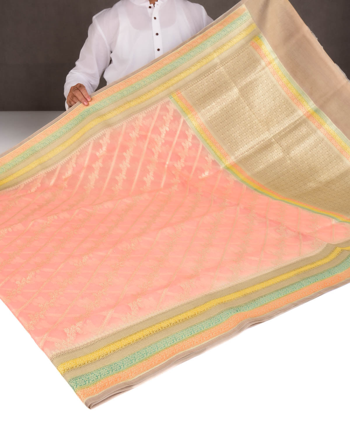 Peach Hand Brush Dye Gold Zari Diagonal Floral Cutwork Brocade Woven Kora Silk Banarasi Saree-HolyWeaves