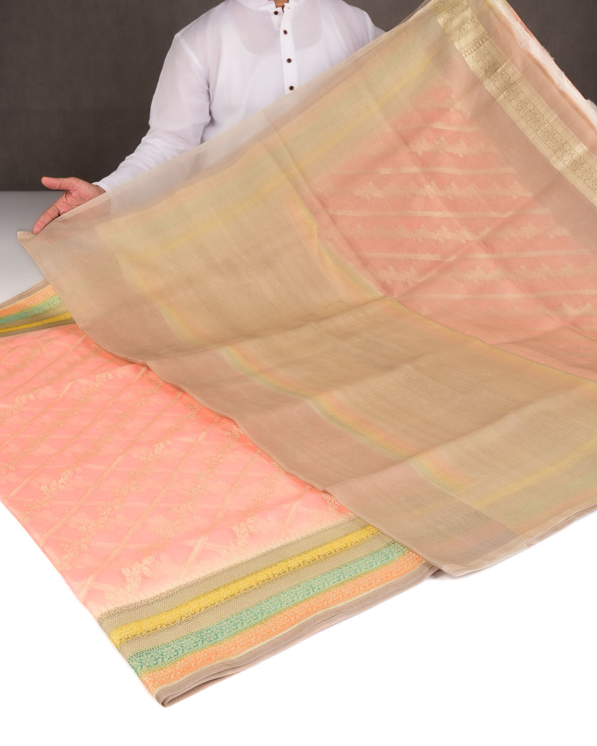 Peach Hand Brush Dye Gold Zari Diagonal Floral Cutwork Brocade Woven Kora Silk Banarasi Saree-HolyWeaves