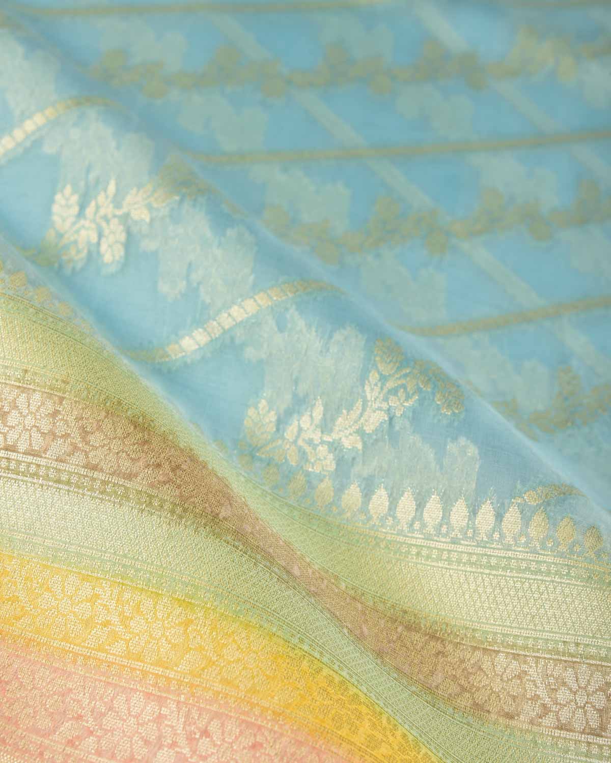 Blue Hand Brush Dye Gold Zari Diagonal Floral Cutwork Brocade Woven Kora Silk Banarasi Saree-HolyWeaves