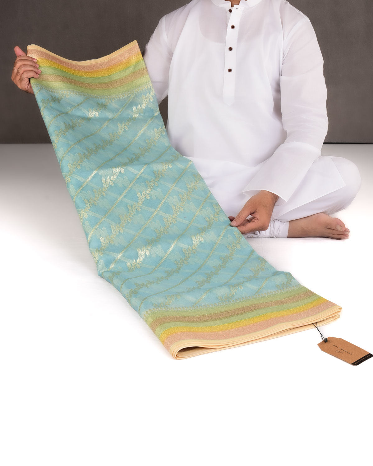 Blue Hand Brush Dye Gold Zari Diagonal Floral Cutwork Brocade Woven Kora Silk Banarasi Saree-HolyWeaves