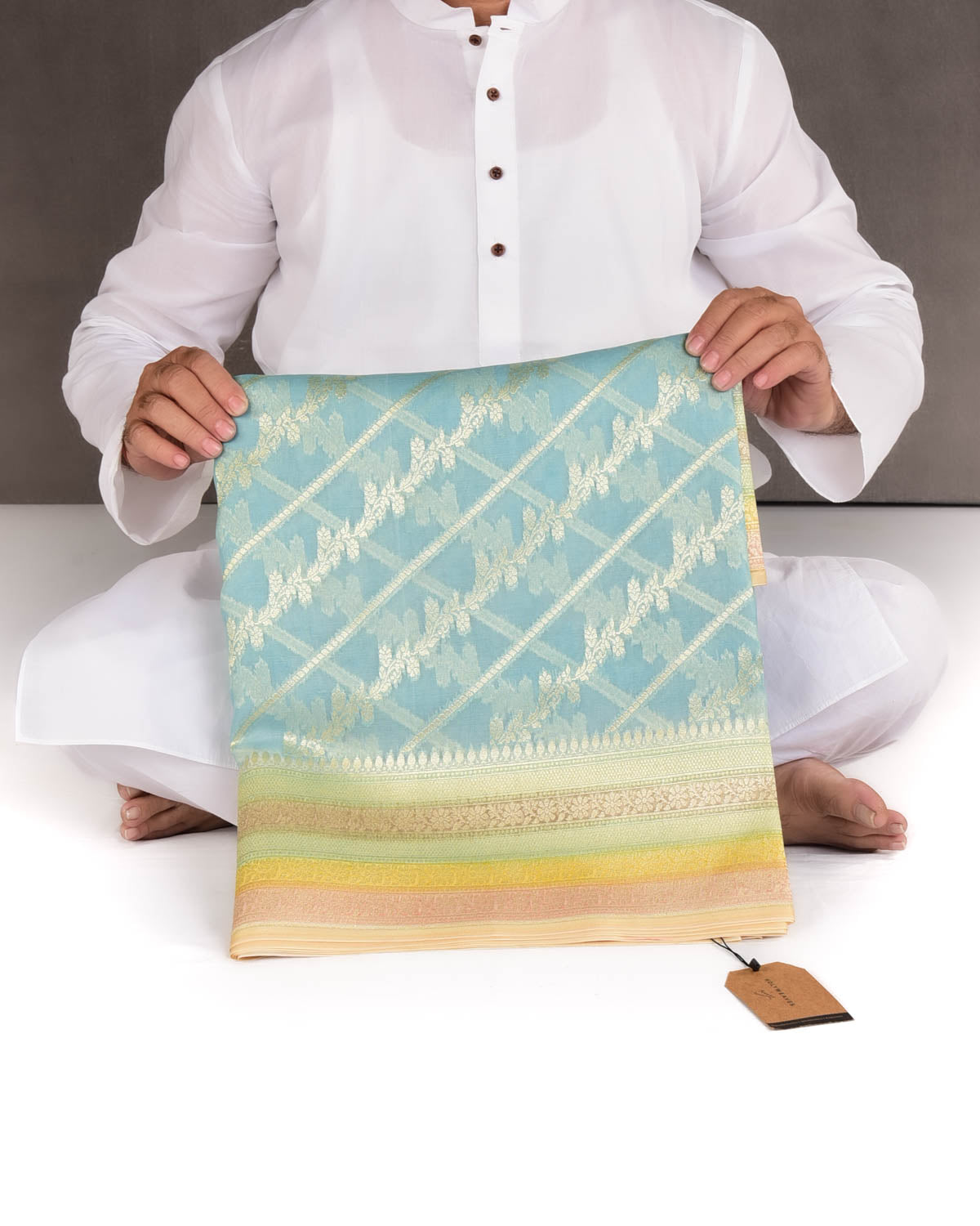 Blue Hand Brush Dye Gold Zari Diagonal Floral Cutwork Brocade Woven Kora Silk Banarasi Saree-HolyWeaves