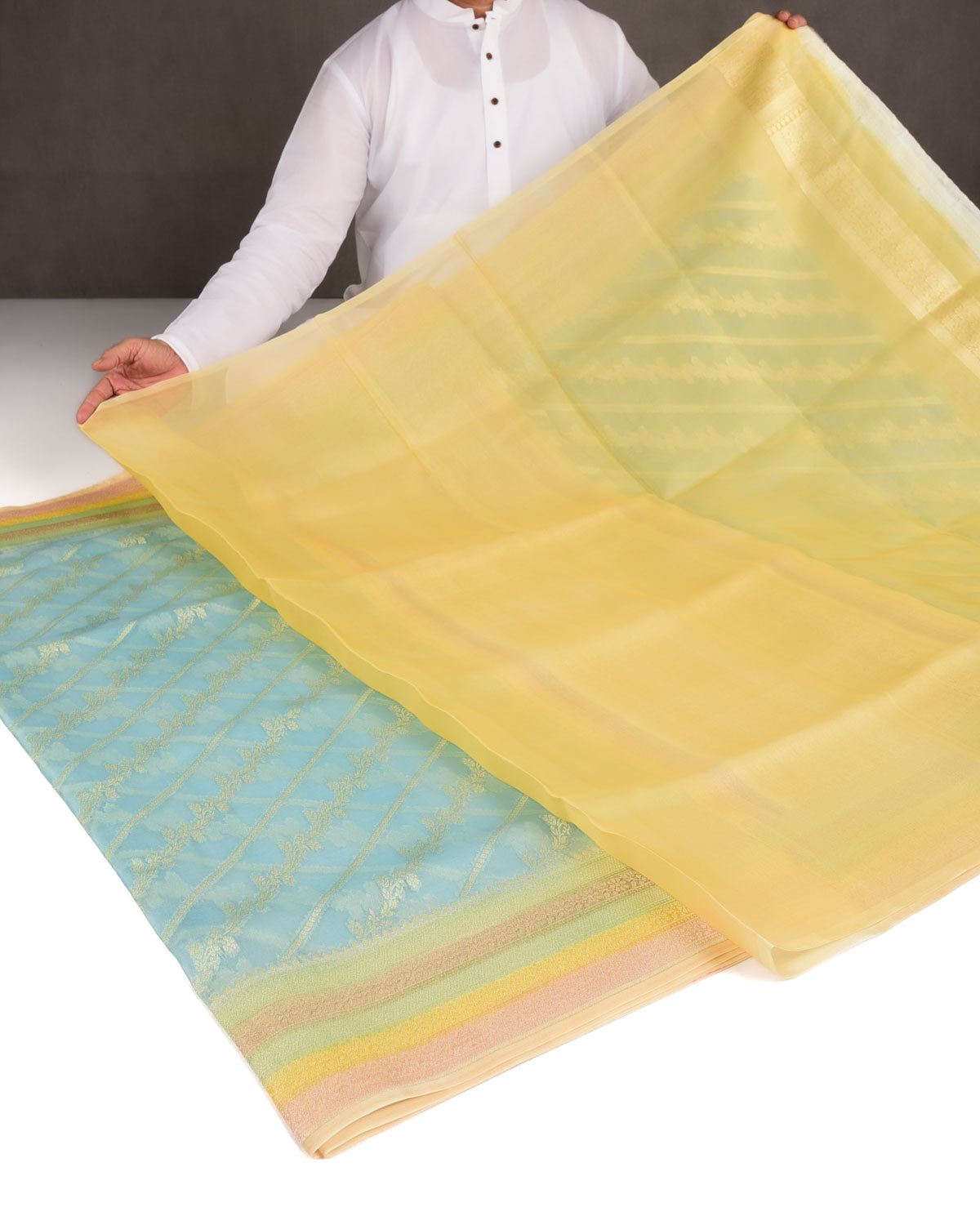 Blue Hand Brush Dye Gold Zari Diagonal Floral Cutwork Brocade Woven Kora Silk Banarasi Saree-HolyWeaves