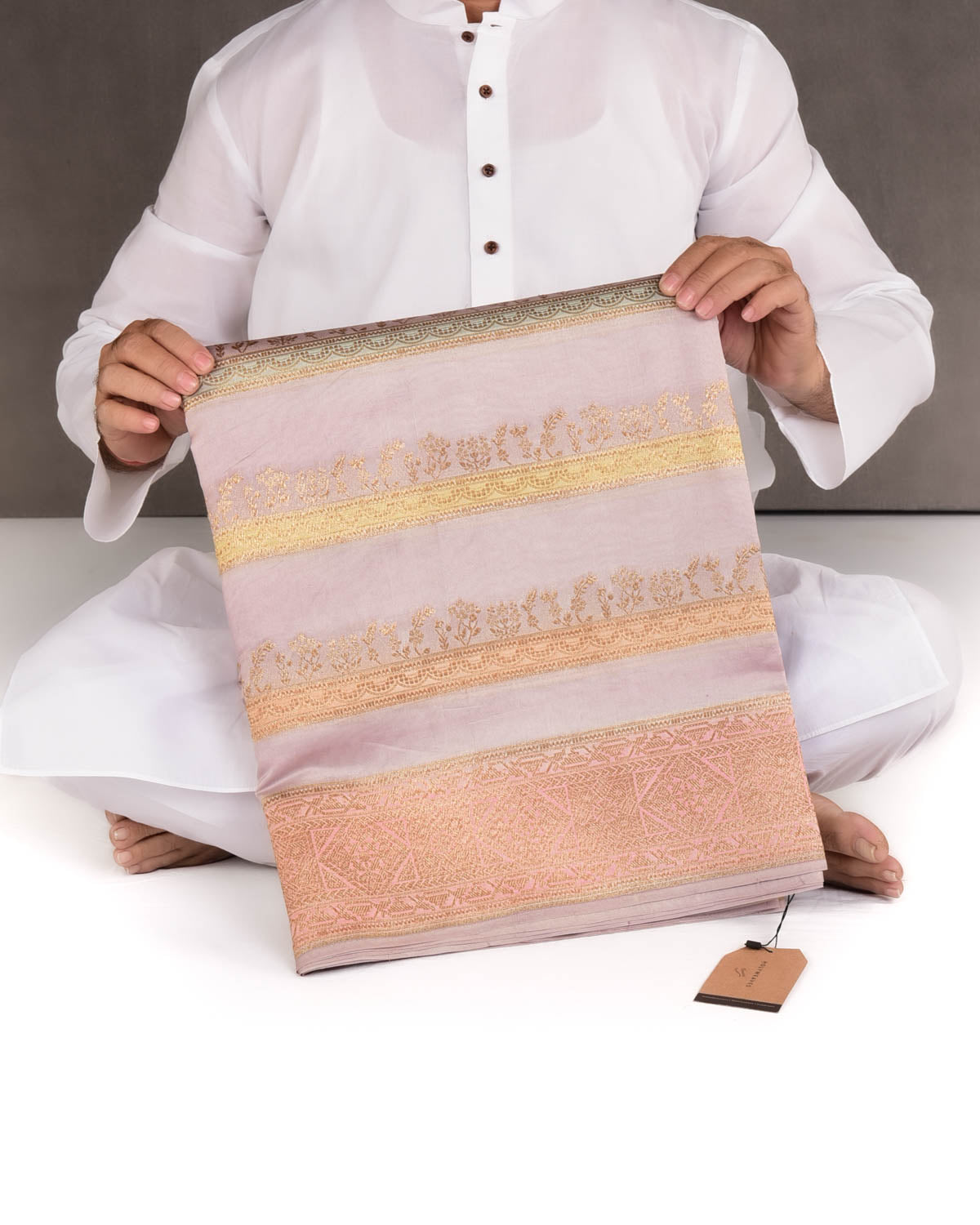 Mauve Hand Brush Dye Antique Zari Cutwork Brocade Woven Spun Silk Banarasi Saree