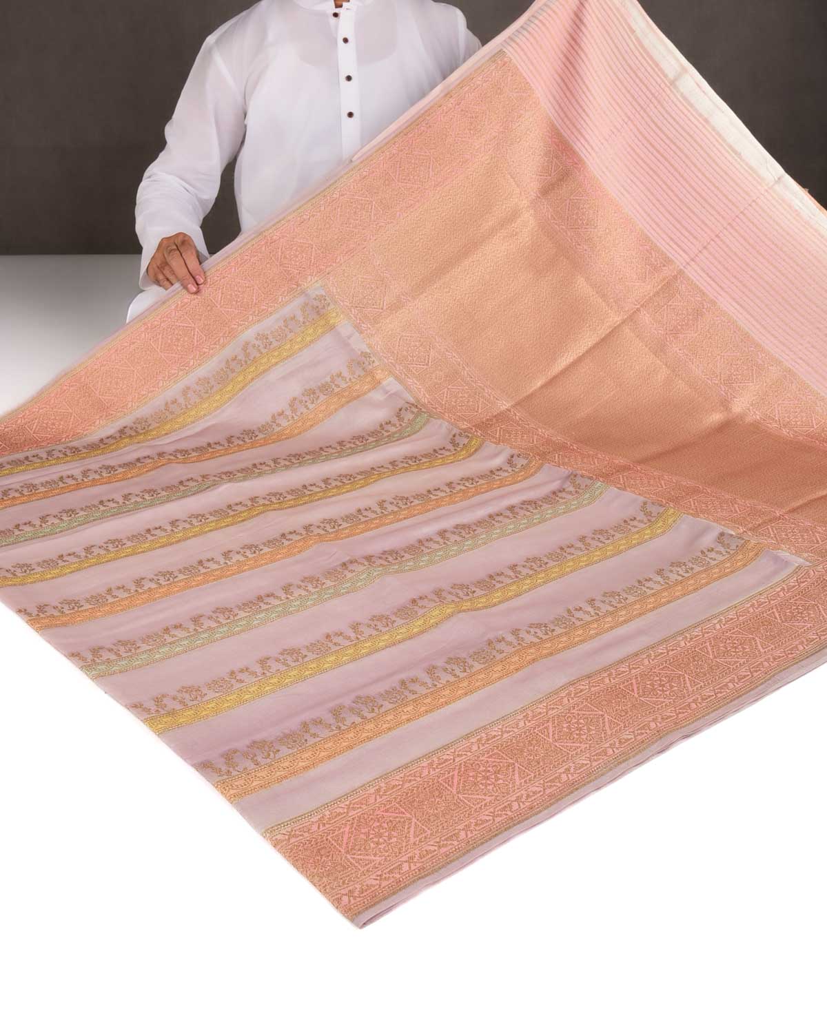 Mauve Hand Brush Dye Antique Zari Cutwork Brocade Woven Spun Silk Banarasi Saree-HolyWeaves
