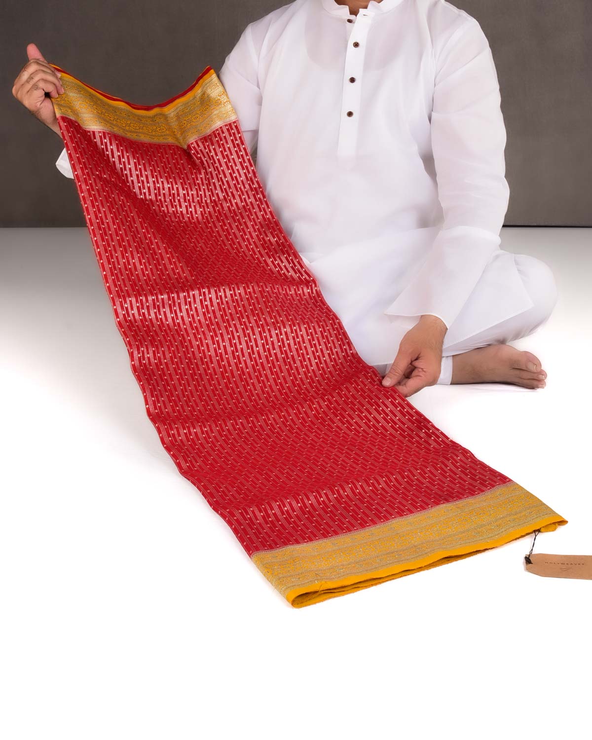 Red Gold Zari Cutwork Brocade Handwoven Khaddi Georgette Banarasi Saree with Contrast Yellow Border pallu-HolyWeaves