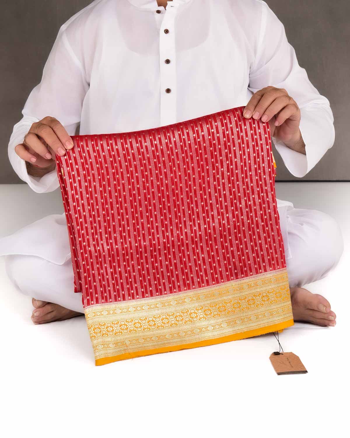 Red Gold Zari Cutwork Brocade Handwoven Khaddi Georgette Banarasi Saree with Contrast Yellow Border pallu-HolyWeaves