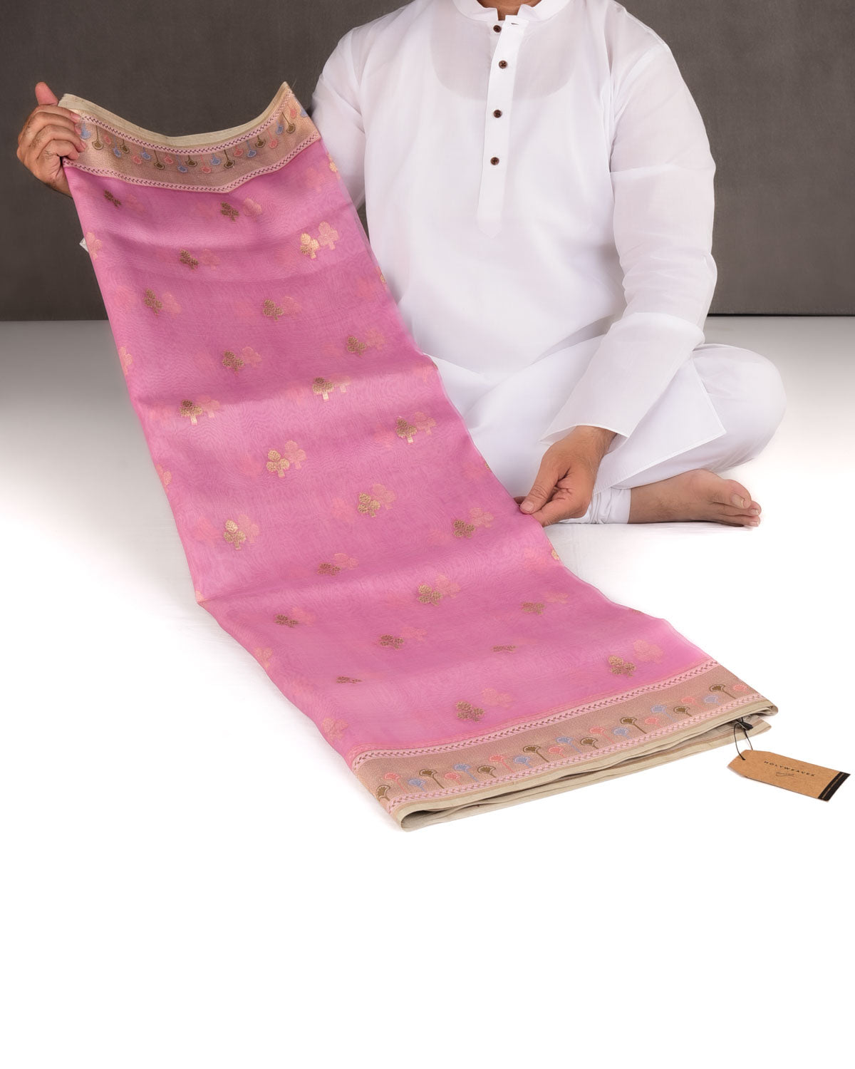 Mauve Gold Zari Cutwork Brocade Handwoven Kora Silk Banarasi Saree with Satin Meenekari Border Pallu-HolyWeaves