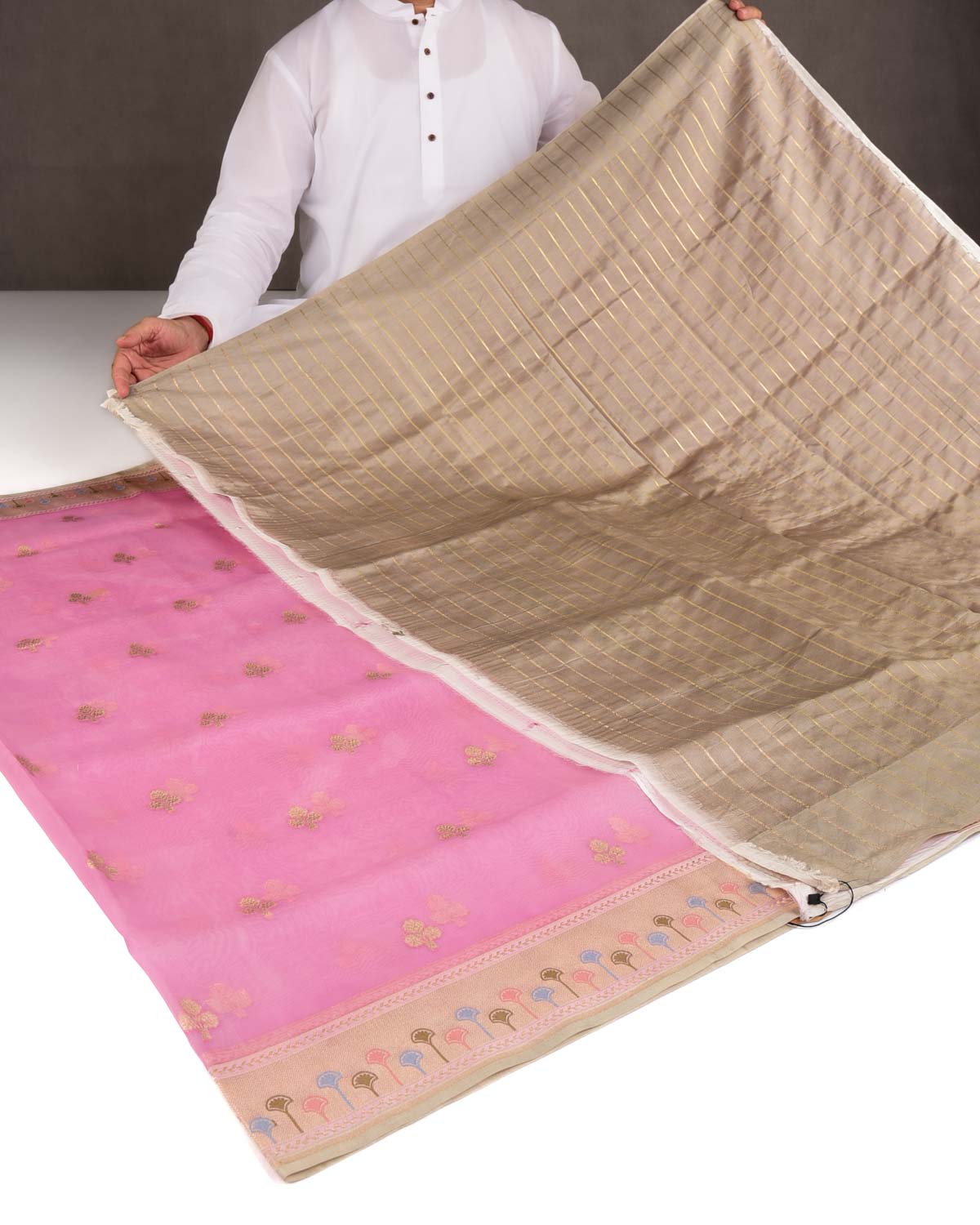 Mauve Gold Zari Cutwork Brocade Handwoven Kora Silk Banarasi Saree with Satin Meenekari Border Pallu-HolyWeaves