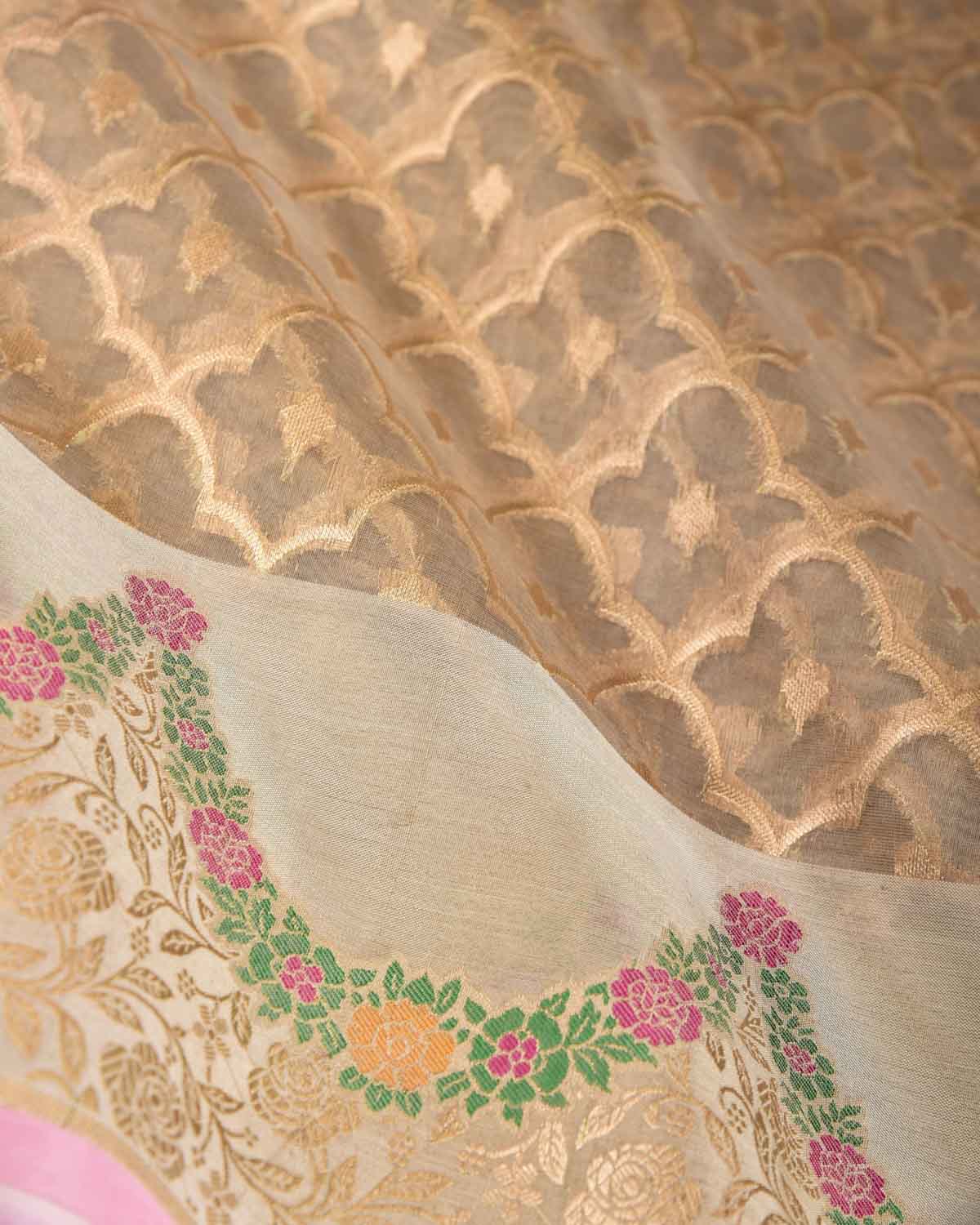 Stone Gray Gold Zari Cutwork Brocade Handwoven Kora Silk Banarasi Saree with Satin Meenekari Border Pallu-HolyWeaves