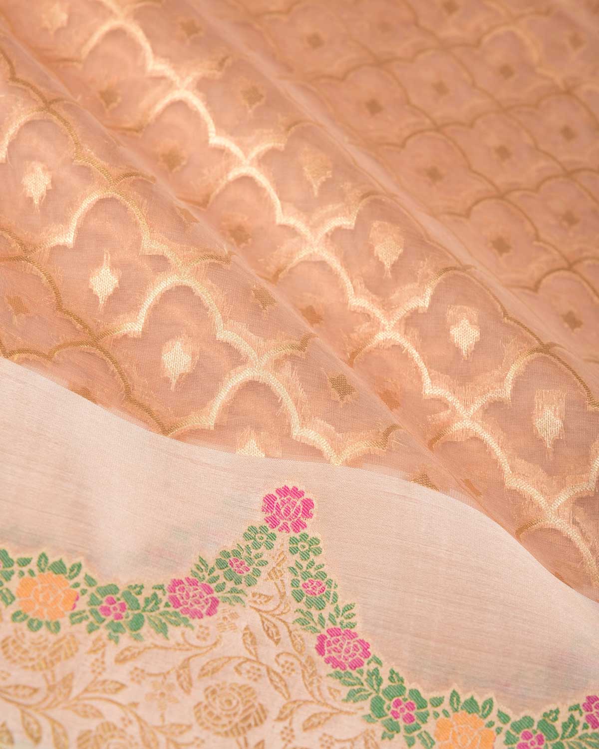 Beige Peach Gold Zari Cutwork Brocade Handwoven Kora Silk Banarasi Saree with Satin Meenekari Border Pallu-HolyWeaves