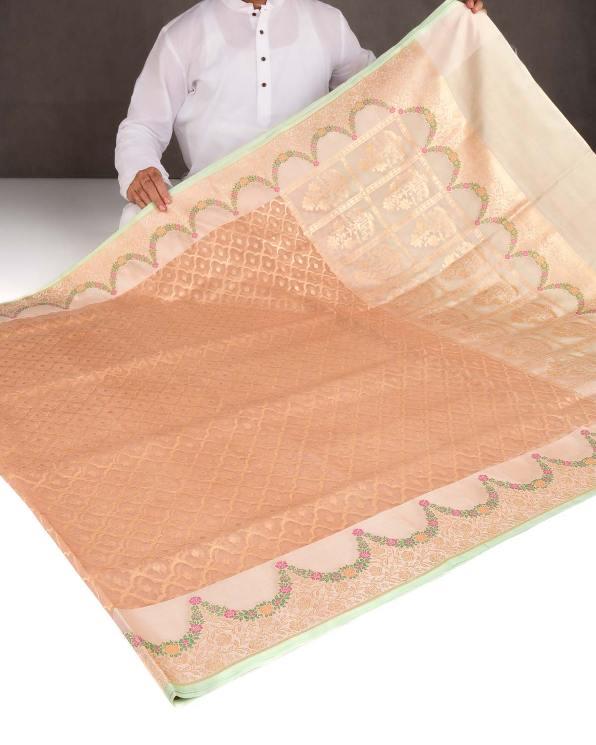Beige Peach Gold Zari Cutwork Brocade Handwoven Kora Silk Banarasi Saree with Satin Meenekari Border Pallu-HolyWeaves