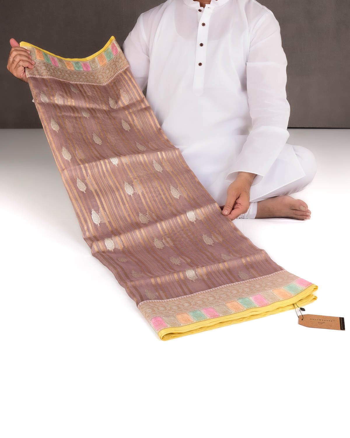 Rosy Brown Gold & Silver Zari Cutwork Brocade Handwoven Kora Silk Banarasi Saree with Satin Meenekari Border Pallu-HolyWeaves