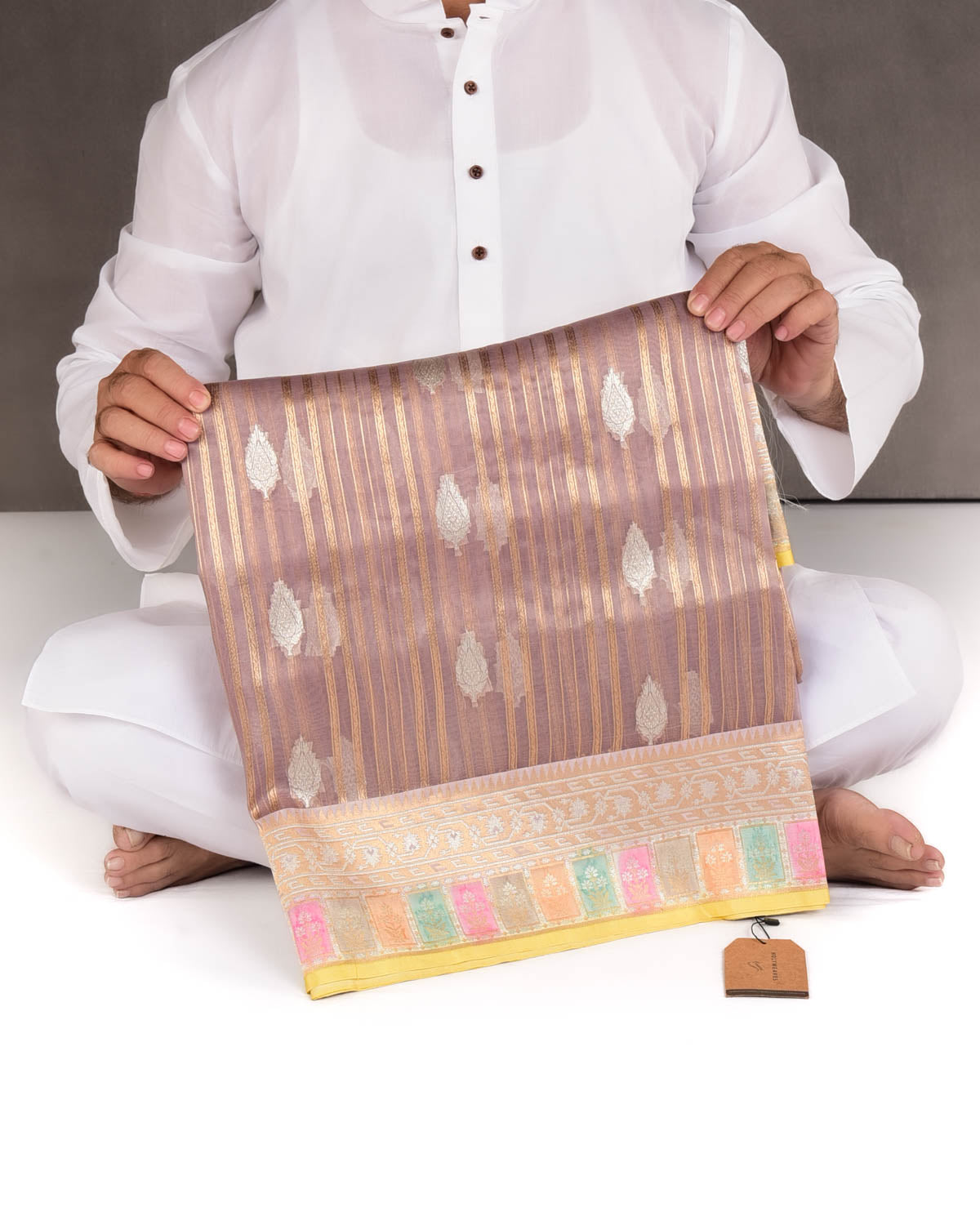 Rosy Brown Gold & Silver Zari Cutwork Brocade Handwoven Kora Silk Banarasi Saree with Satin Meenekari Border Pallu-HolyWeaves