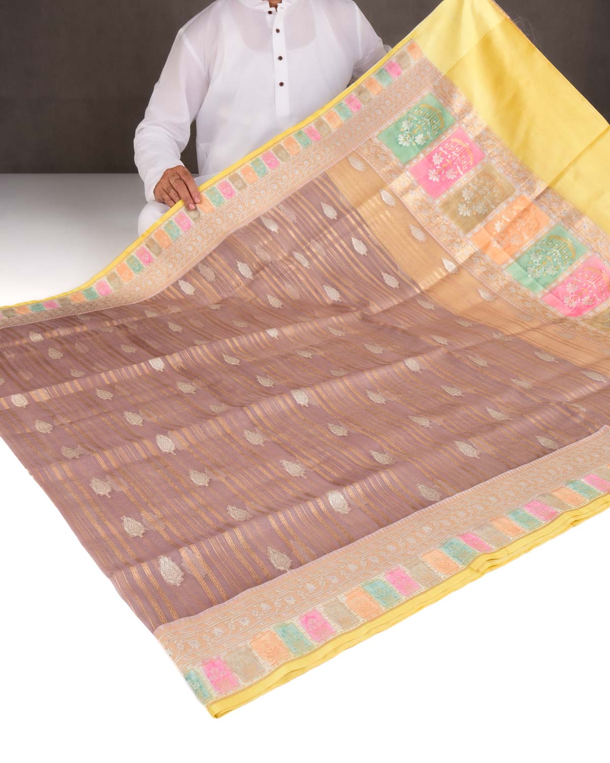 Rosy Brown Gold & Silver Zari Cutwork Brocade Handwoven Kora Silk Banarasi Saree with Satin Meenekari Border Pallu-HolyWeaves