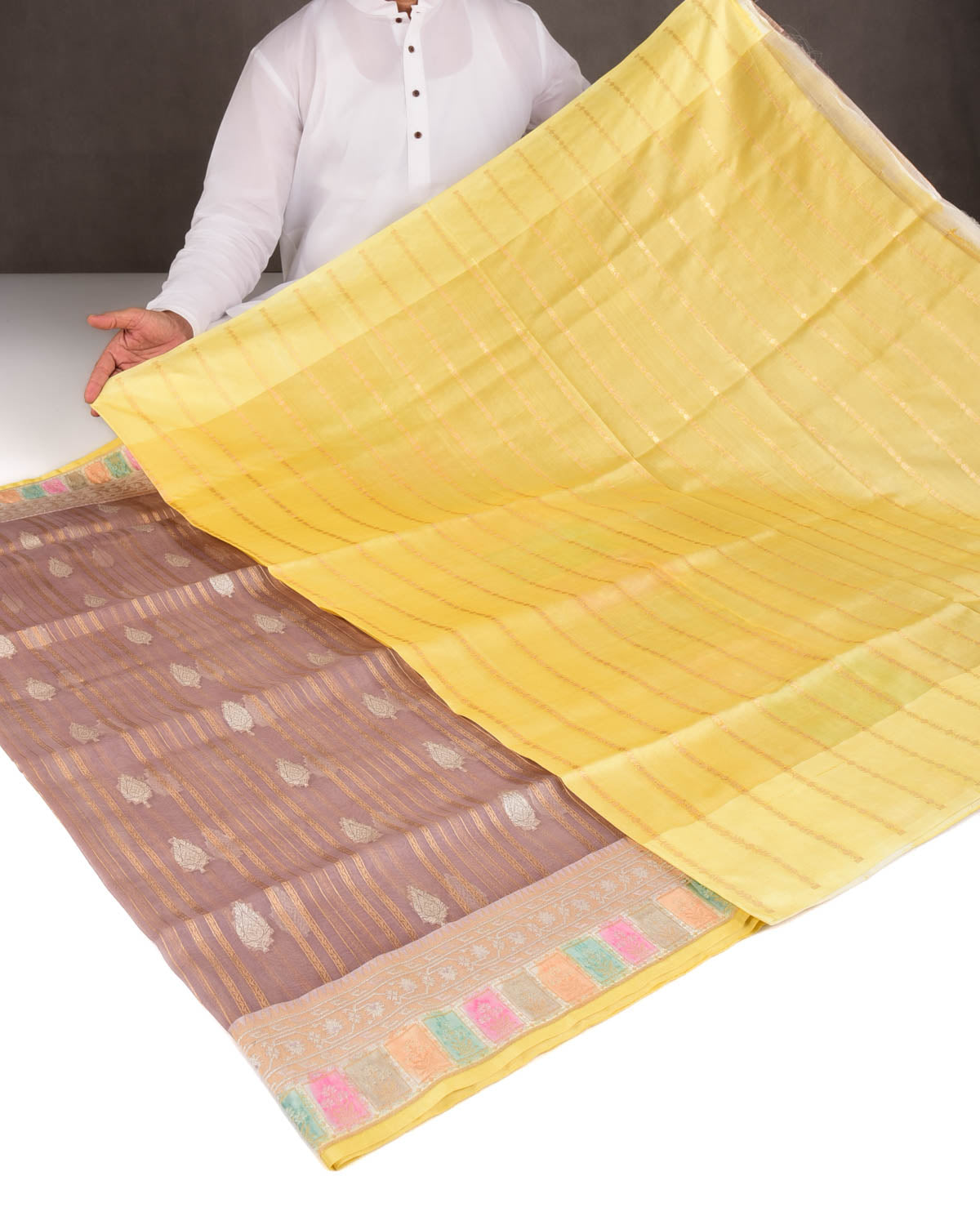 Rosy Brown Gold & Silver Zari Cutwork Brocade Handwoven Kora Silk Banarasi Saree with Satin Meenekari Border Pallu-HolyWeaves