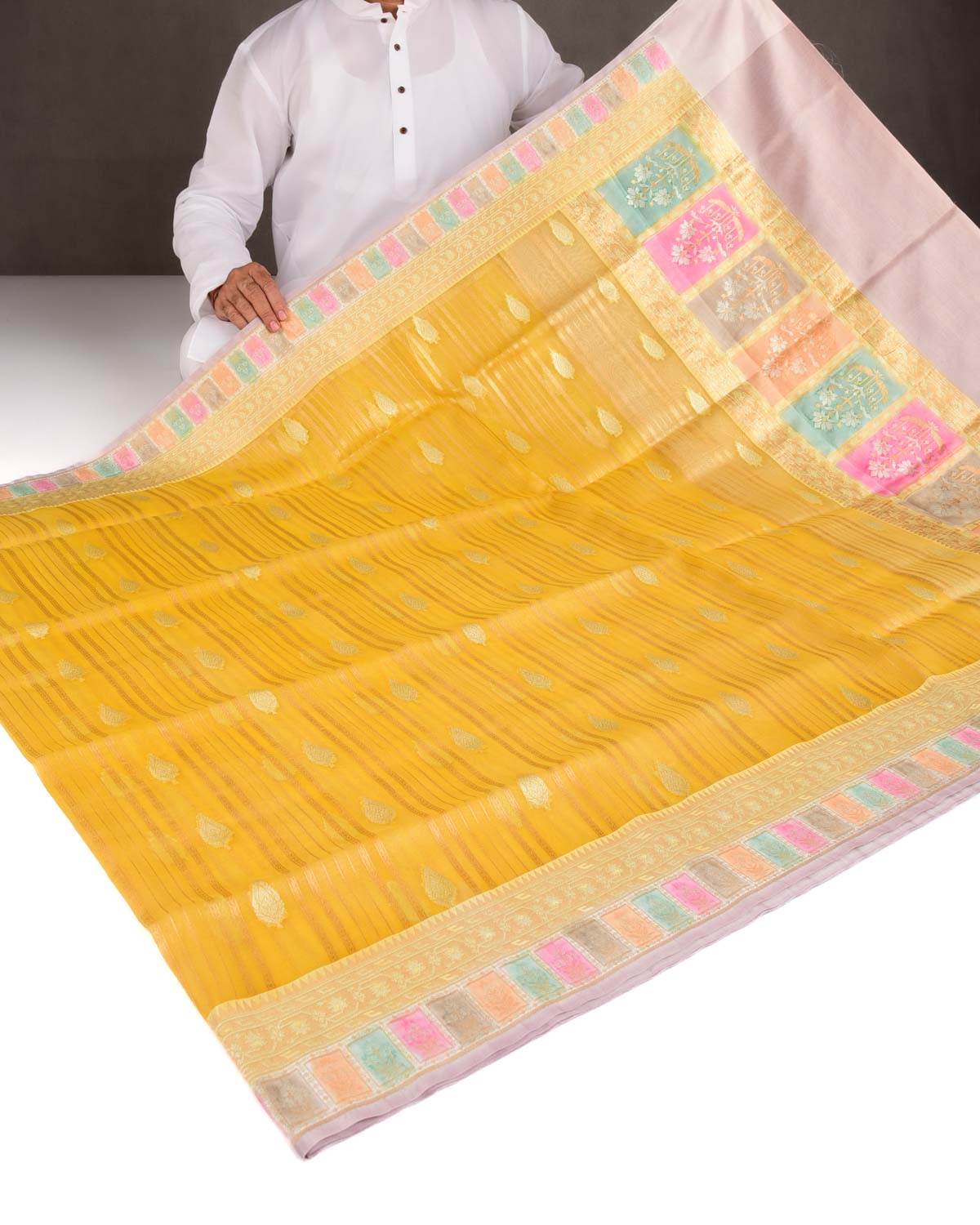 Yellow Gold & Silver Zari Cutwork Brocade Handwoven Kora Silk Banarasi Saree with Satin Meenekari Border Pallu-HolyWeaves