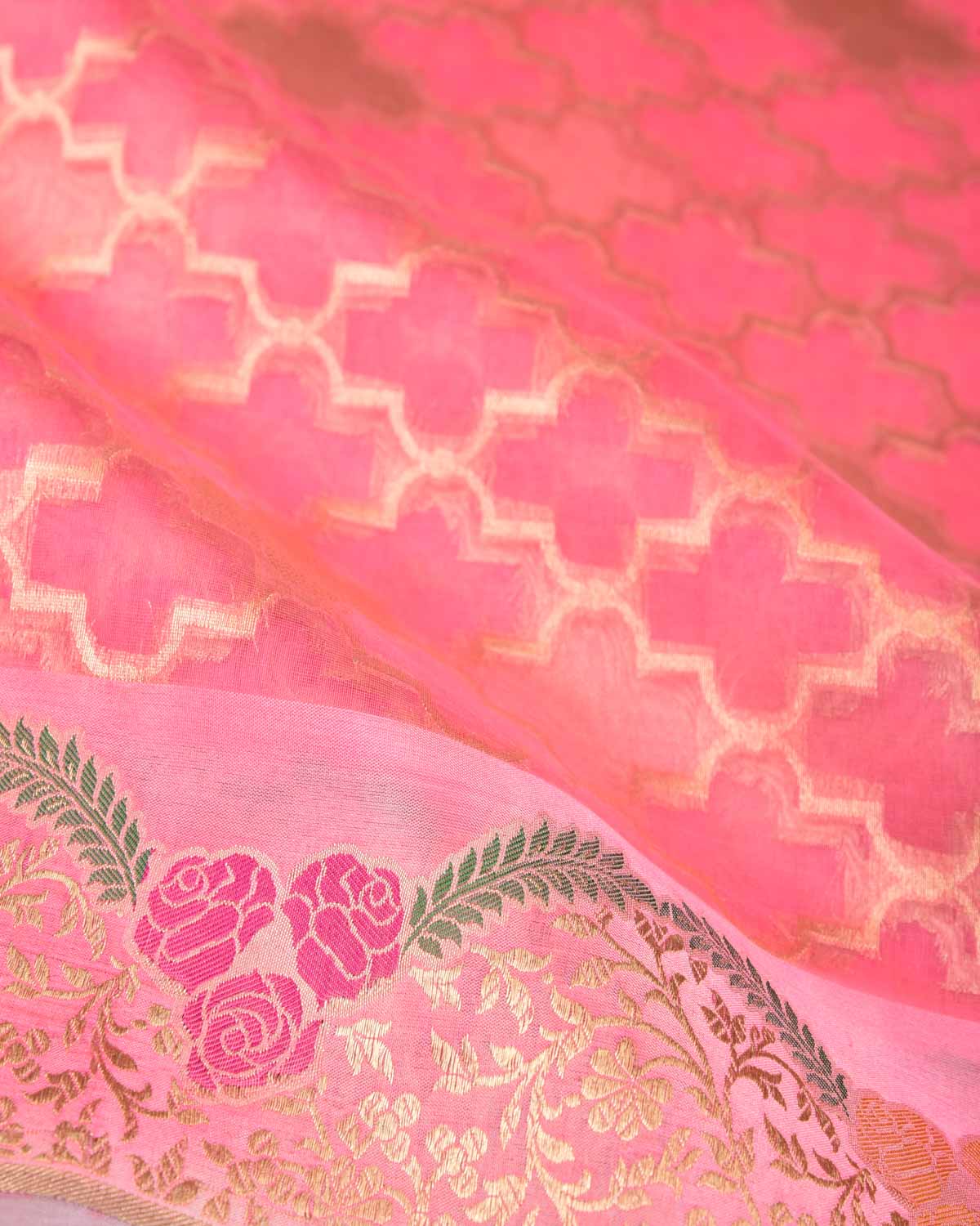 Pink Gold Zari Cutwork Brocade Handwoven Kora Silk Banarasi Saree with Satin Meenekari Border Pallu-HolyWeaves