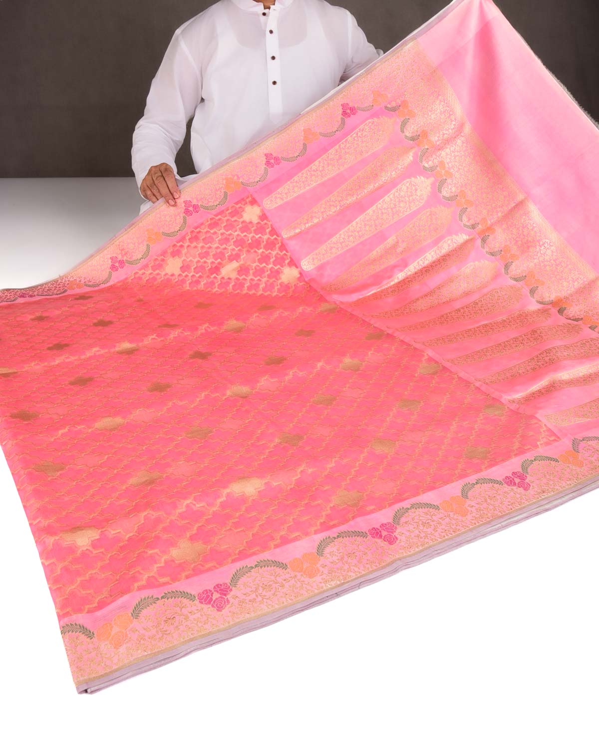 Pink Gold Zari Cutwork Brocade Handwoven Kora Silk Banarasi Saree with Satin Meenekari Border Pallu-HolyWeaves