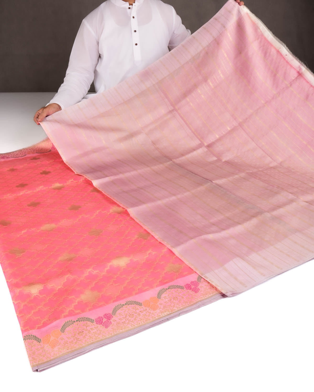 Pink Gold Zari Cutwork Brocade Handwoven Kora Silk Banarasi Saree with Satin Meenekari Border Pallu-HolyWeaves