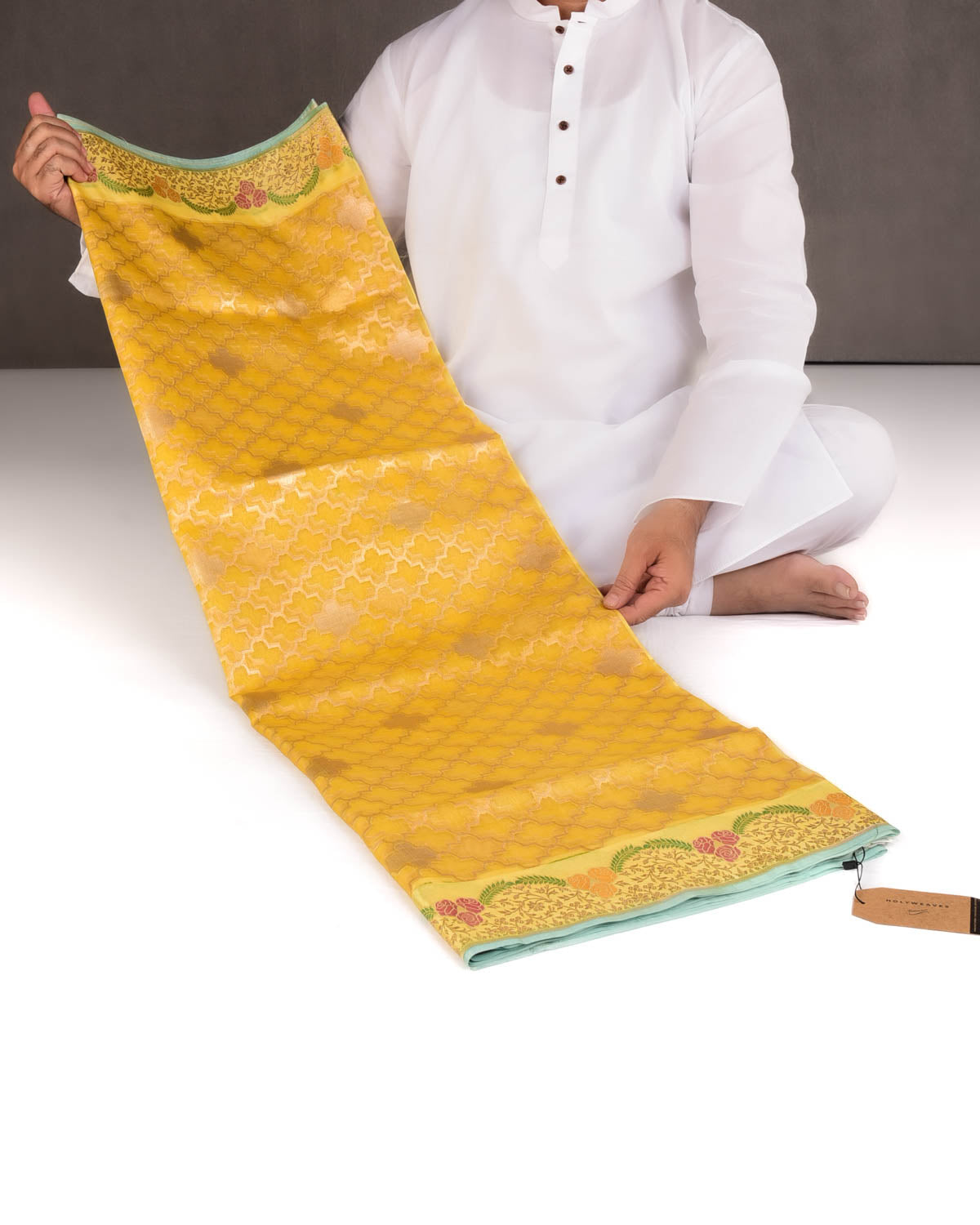 Yellow Gold Zari Cutwork Brocade Handwoven Kora Silk Banarasi Saree with Satin Meenekari Border Pallu-HolyWeaves