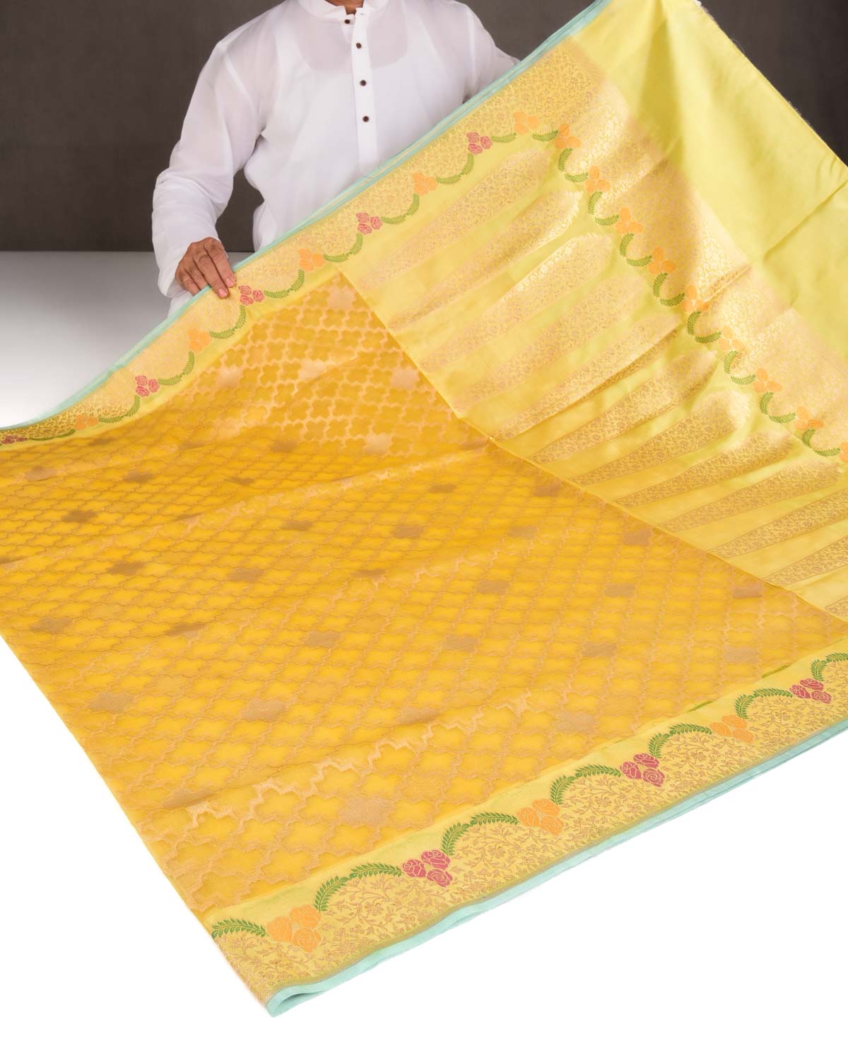 Yellow Gold Zari Cutwork Brocade Handwoven Kora Silk Banarasi Saree with Satin Meenekari Border Pallu-HolyWeaves