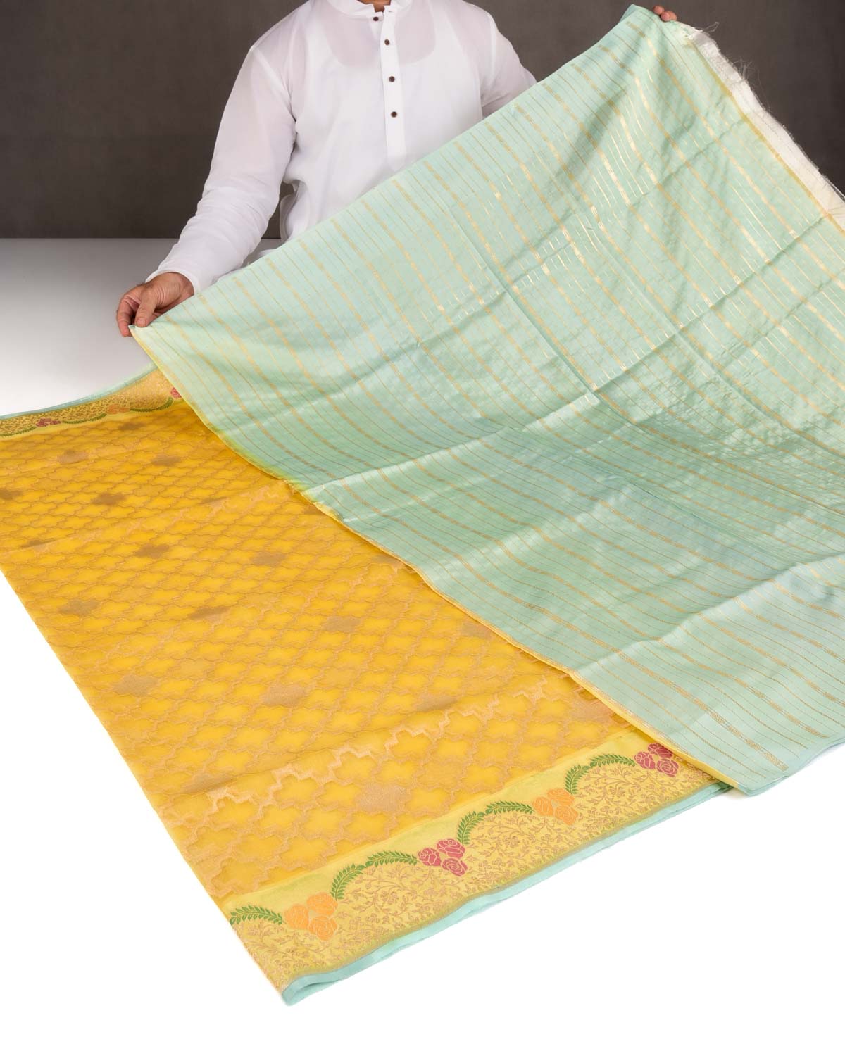 Yellow Gold Zari Cutwork Brocade Handwoven Kora Silk Banarasi Saree with Satin Meenekari Border Pallu-HolyWeaves