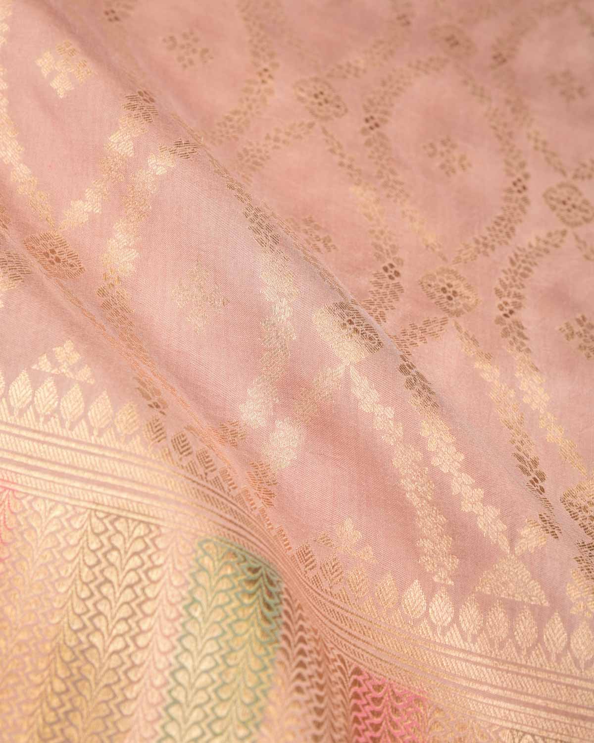 Peach Gold Zari Cutwork Brocade Handwoven Spun Silk Banarasi Saree with Hand Brush Border Pallu-HolyWeaves
