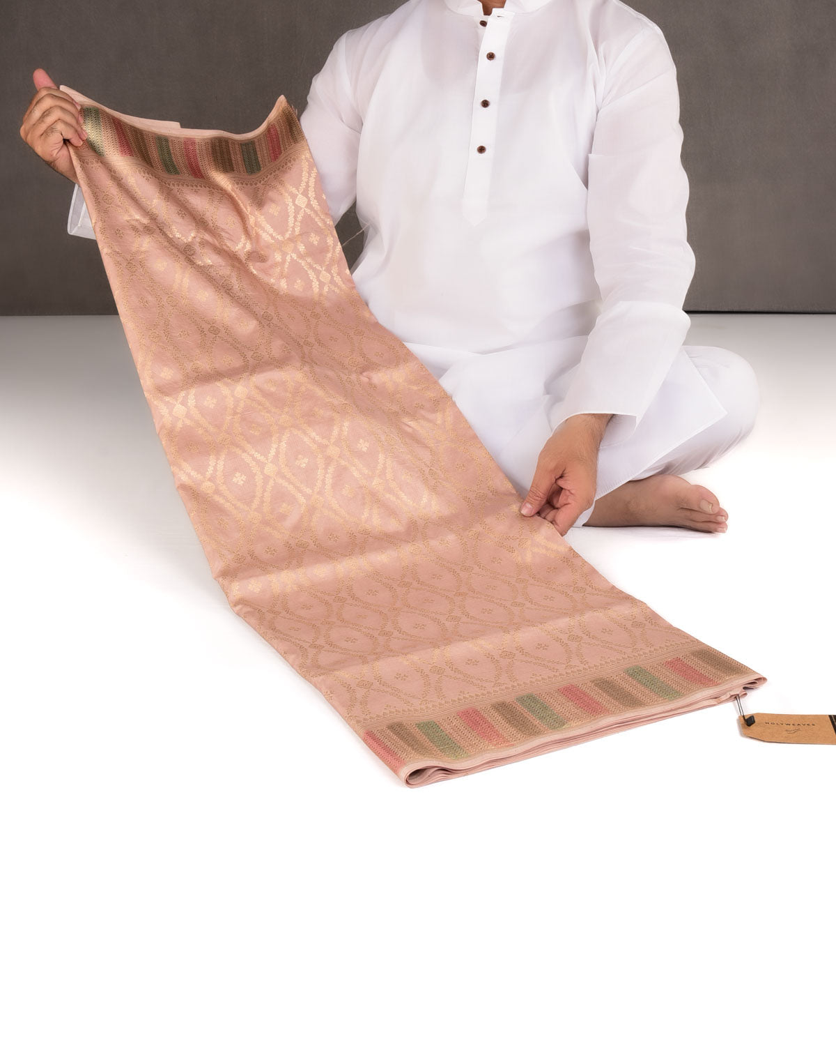 Peach Gold Zari Cutwork Brocade Handwoven Spun Silk Banarasi Saree with Hand Brush Border Pallu-HolyWeaves