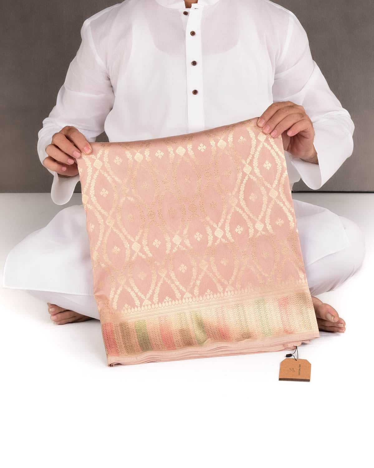 Peach Gold Zari Cutwork Brocade Handwoven Spun Silk Banarasi Saree with Hand Brush Border Pallu-HolyWeaves