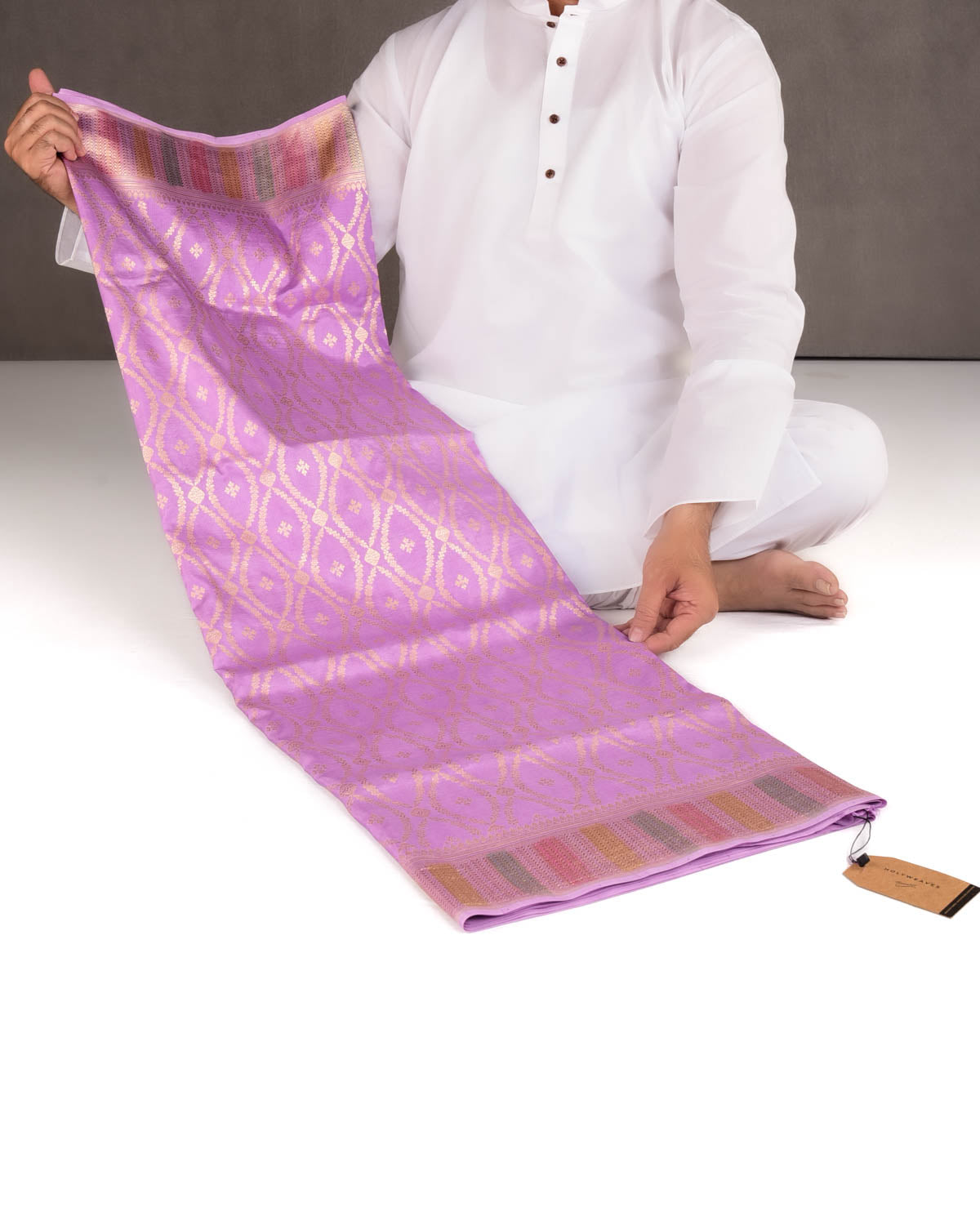 Lavender Gold Zari Cutwork Brocade Handwoven Spun Silk Banarasi Saree with Hand Brush Border Pallu-HolyWeaves