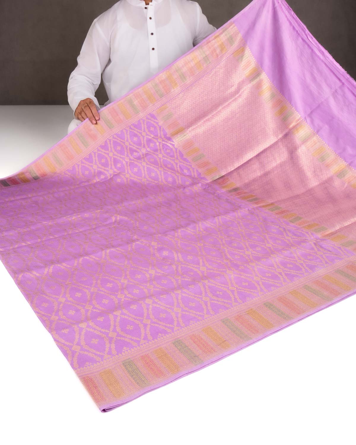 Lavender Gold Zari Cutwork Brocade Handwoven Spun Silk Banarasi Saree with Hand Brush Border Pallu-HolyWeaves