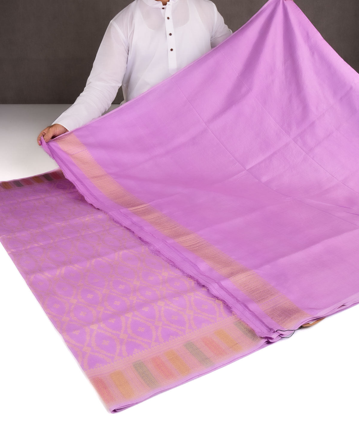 Lavender Gold Zari Cutwork Brocade Handwoven Spun Silk Banarasi Saree with Hand Brush Border Pallu-HolyWeaves