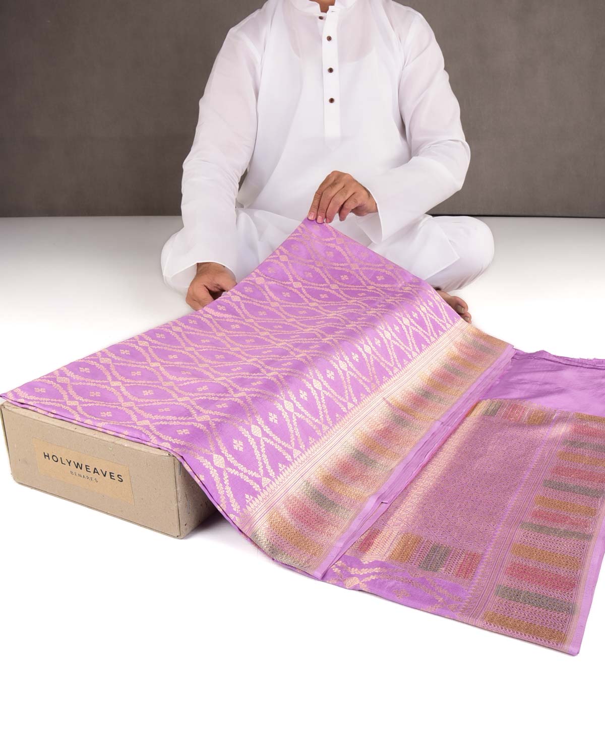Lavender Gold Zari Cutwork Brocade Handwoven Spun Silk Banarasi Saree with Hand Brush Border Pallu-HolyWeaves