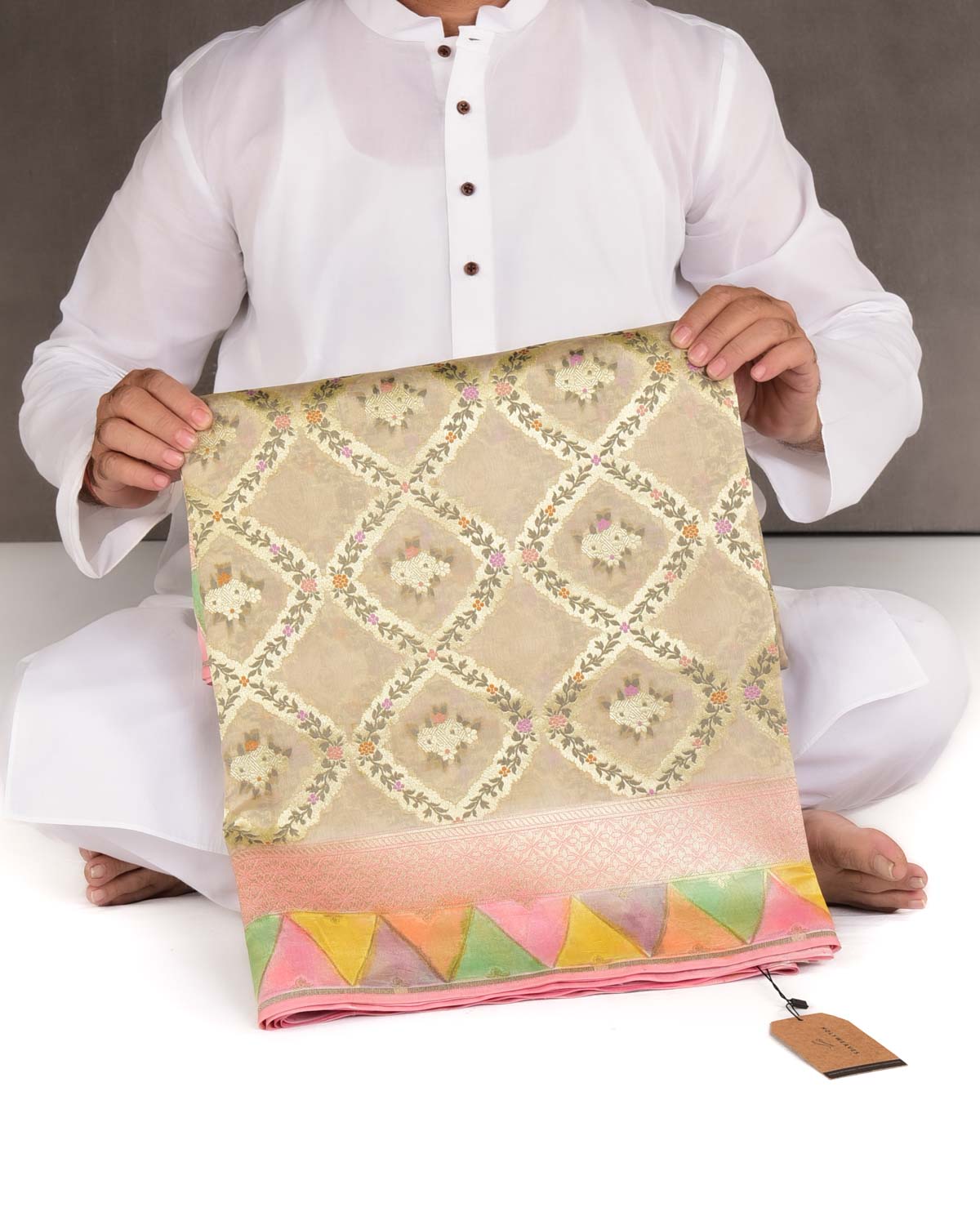 Beige Gold Zari Meenekari Cutwork Brocade Handwoven Spun Silk Banarasi Saree with Hand Brush Border Pallu-HolyWeaves