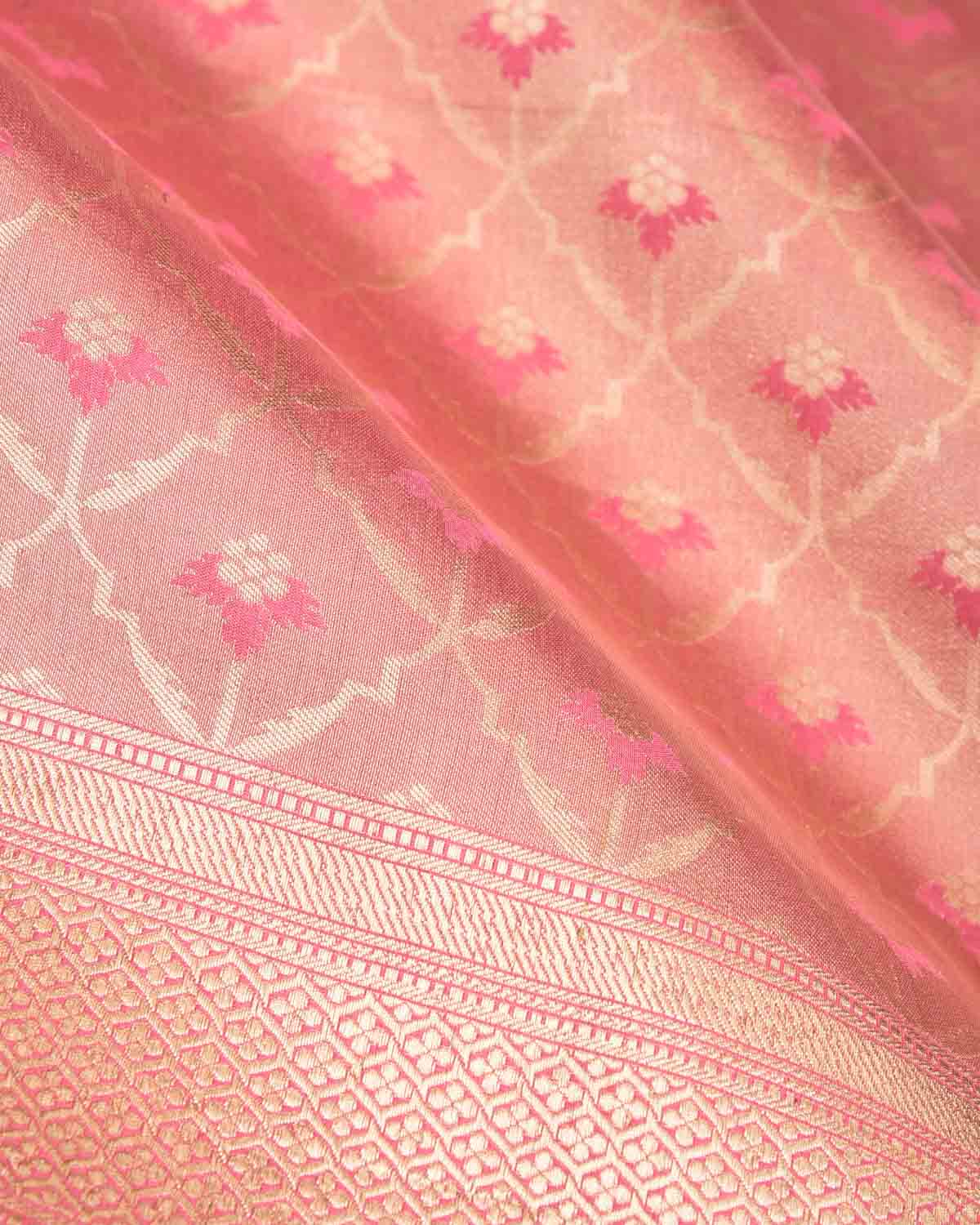 Metallic Pink Gold Zari Grids Cutwork Brocade Handwoven Katan Tissue Banarasi Saree-HolyWeaves
