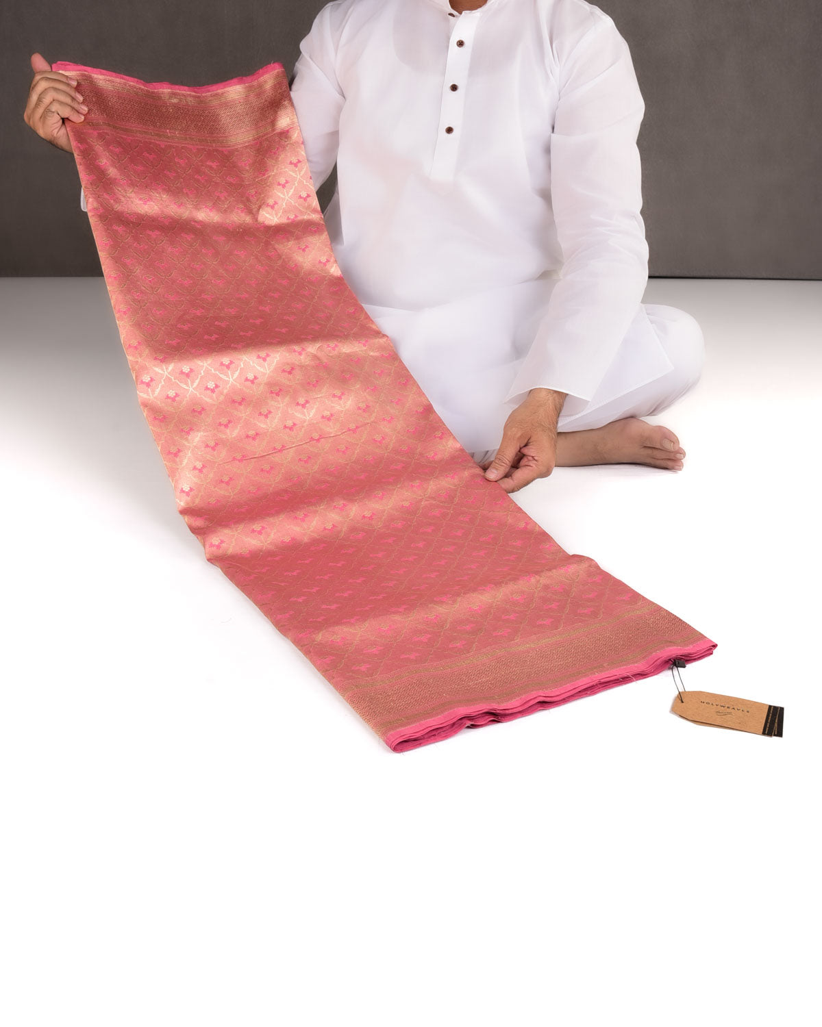 Metallic Pink Gold Zari Grids Cutwork Brocade Handwoven Katan Tissue Banarasi Saree-HolyWeaves