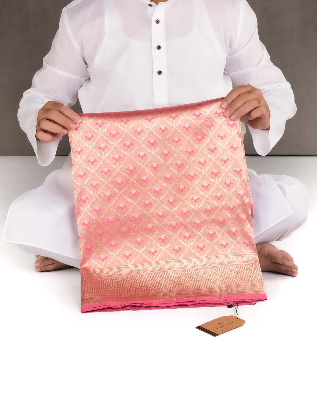Metallic Pink Gold Zari Grids Cutwork Brocade Handwoven Katan Tissue Banarasi Saree-HolyWeaves