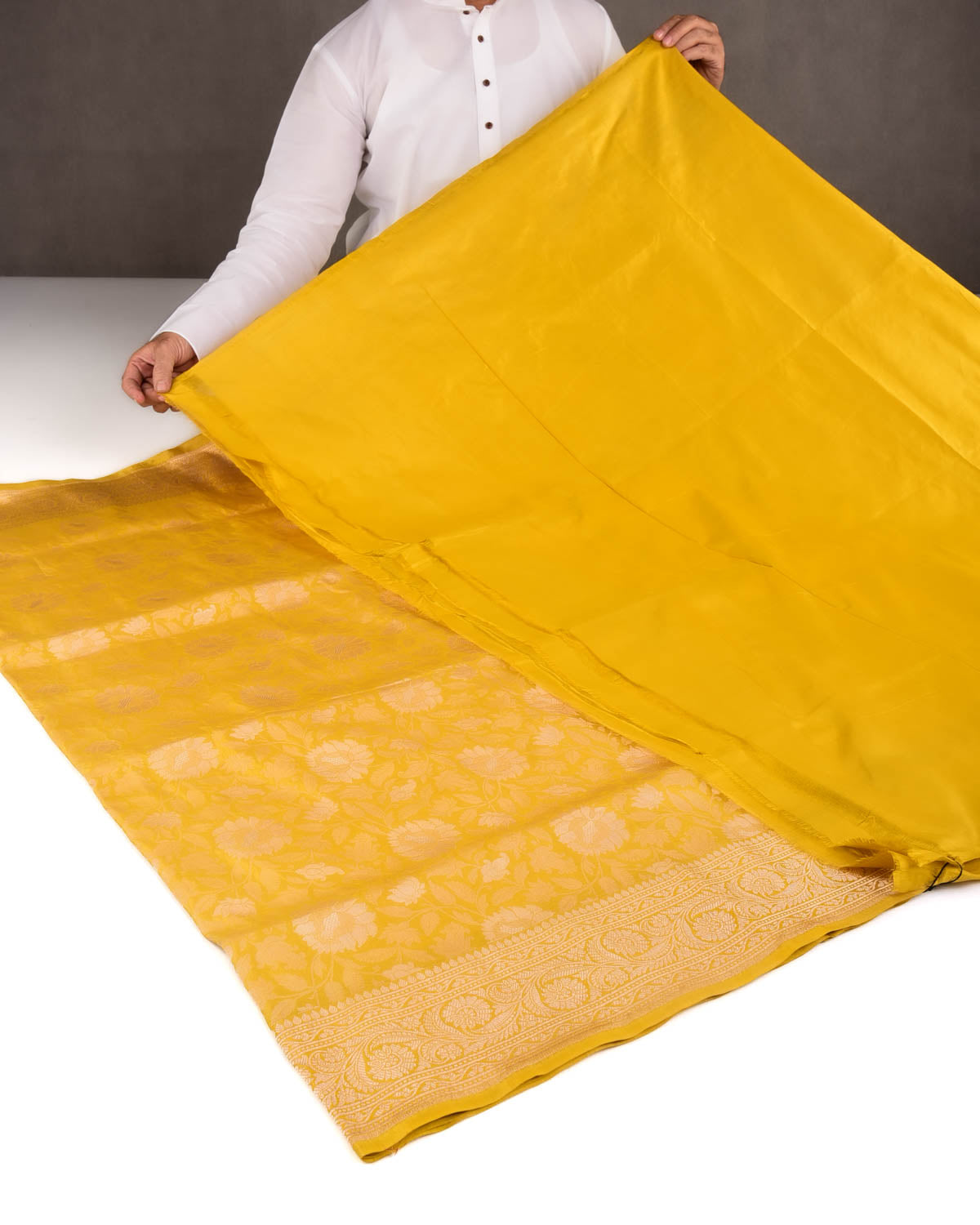 Mustard Yellow Gold Zari Floral Jaal Cutwork Brocade Handwoven Katan Silk Banarasi Saree-HolyWeaves