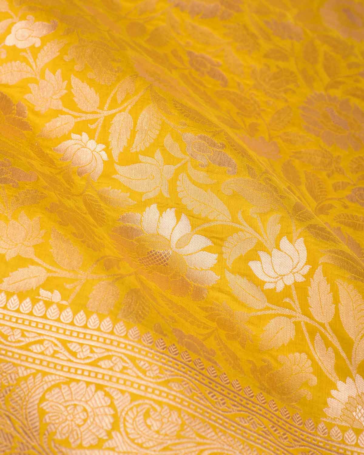 Mustard Yellow Gold Zari Floral Jaal Cutwork Brocade Handwoven Katan Silk Banarasi Saree-HolyWeaves