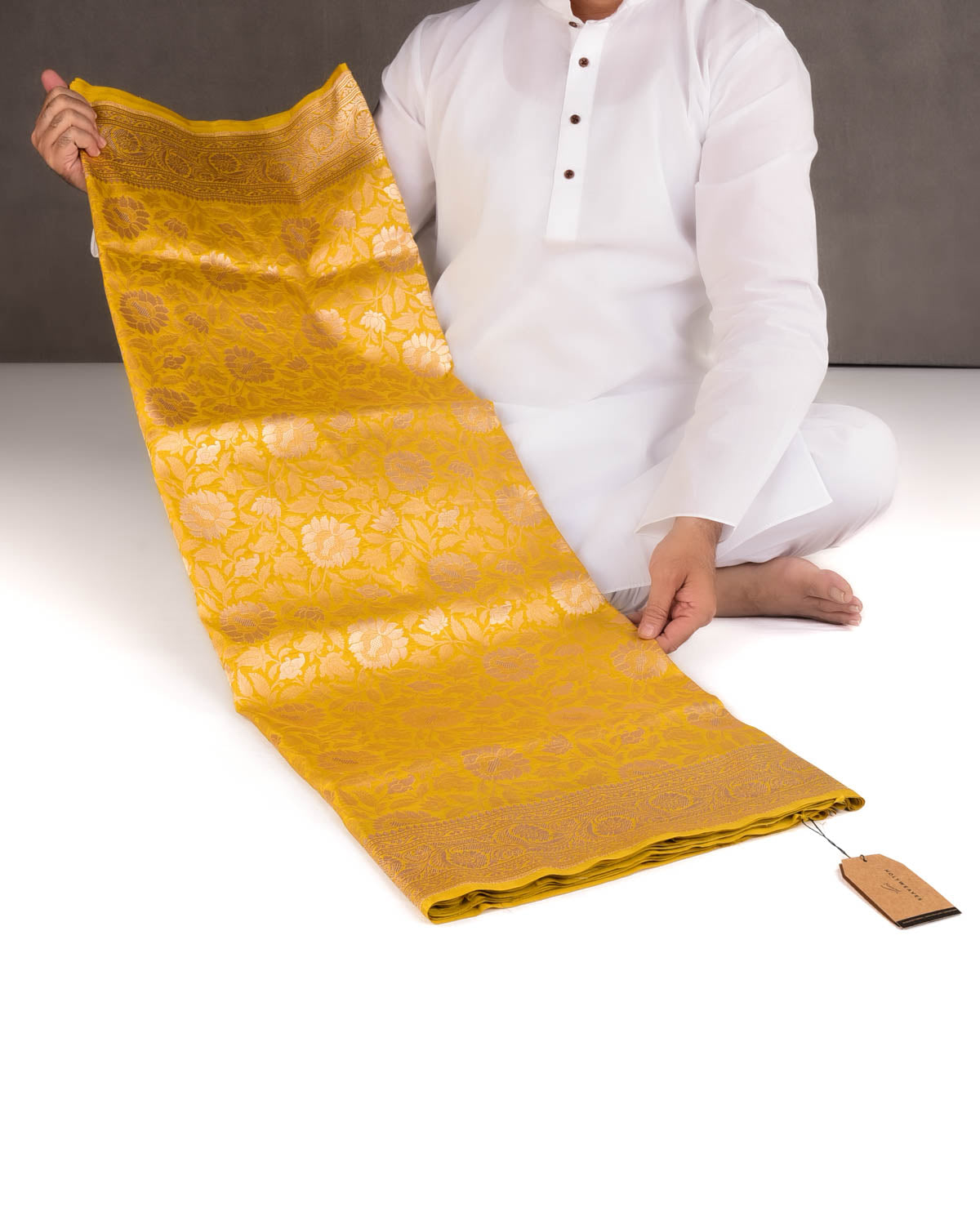 Mustard Yellow Gold Zari Floral Jaal Cutwork Brocade Handwoven Katan Silk Banarasi Saree-HolyWeaves